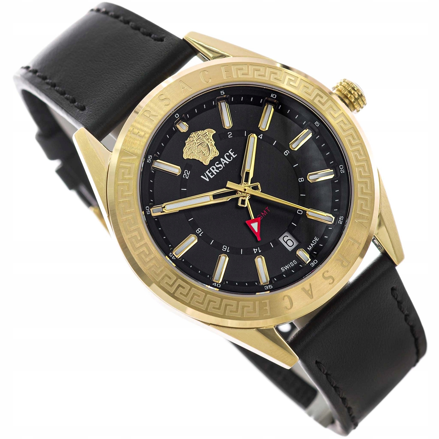 Pánské Hodinky Versace VEAFA0224 V-code Gmt Černé Na Řemínku Datumovka