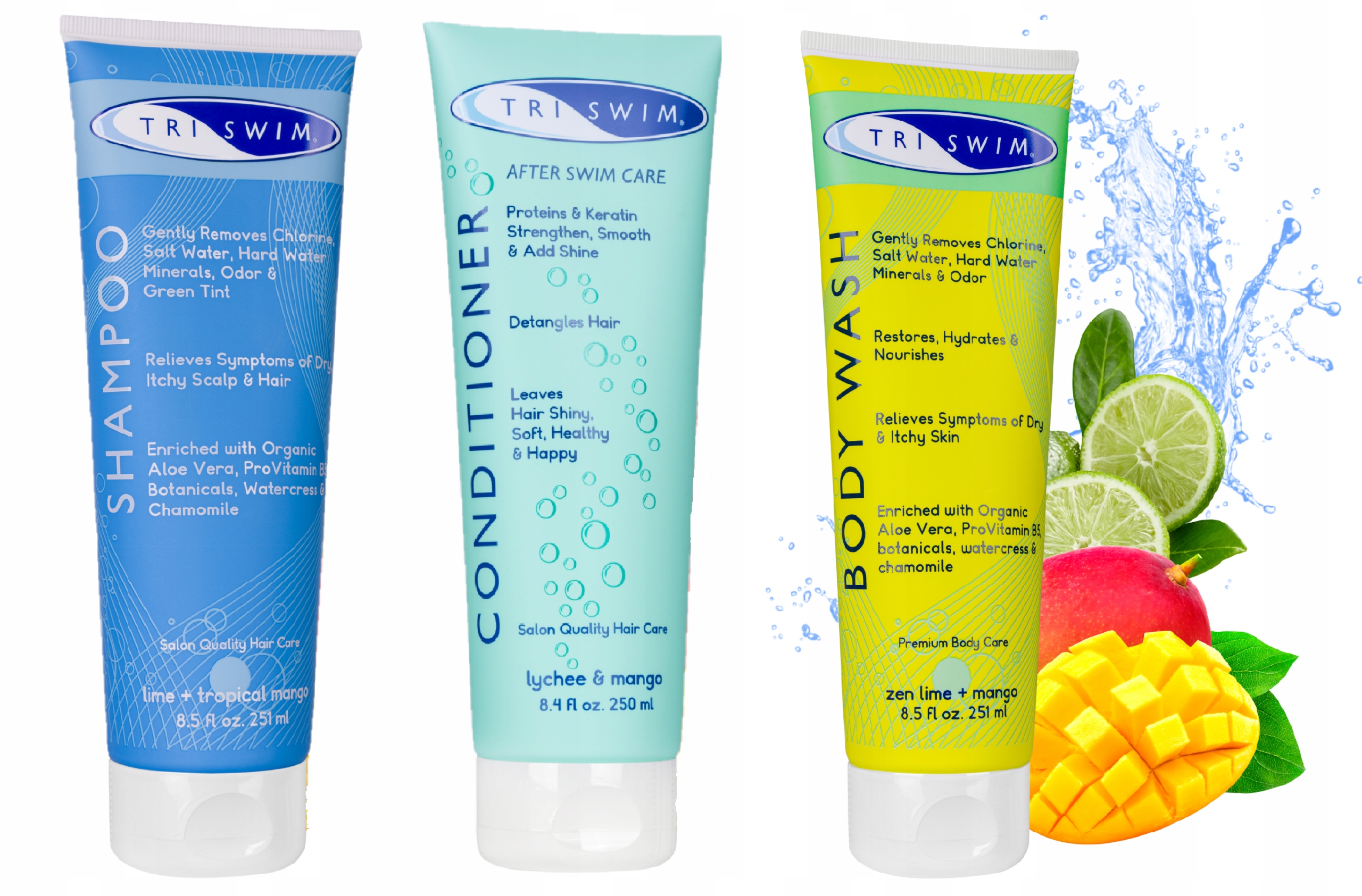 Triswim Szampon Odżywka do włosów Żel do ciała -usuwający zapach chloru