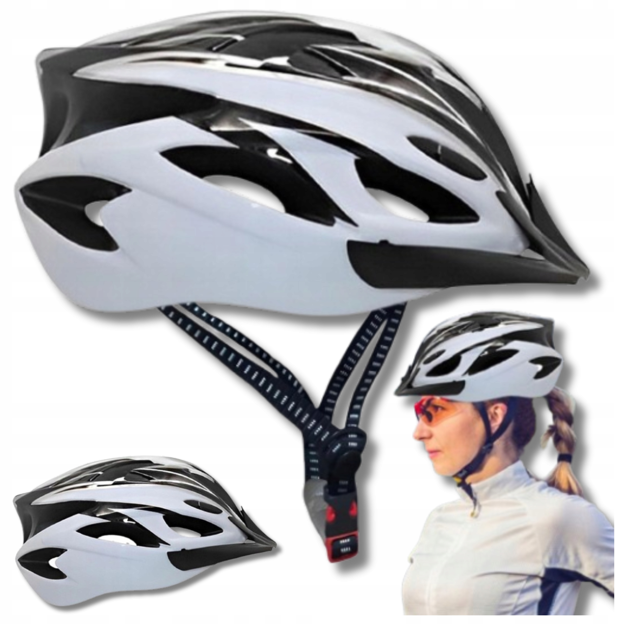 Kask Rowerowy Unisex 53-62 cm 18 Otworów Wentylacyjnych Czarno-Biały Nowy