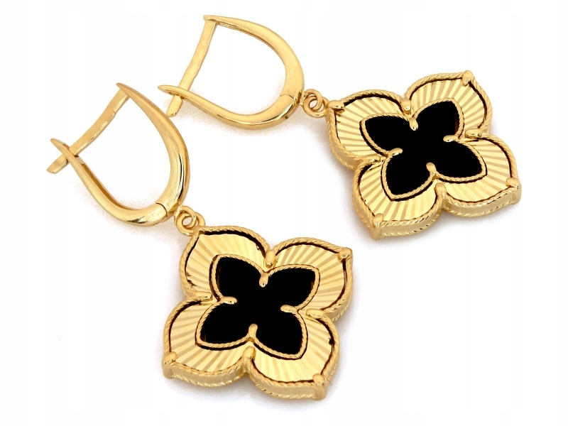 Zlaté náušnice 585 závěsné velké černé čtyřlístky anglické dárek