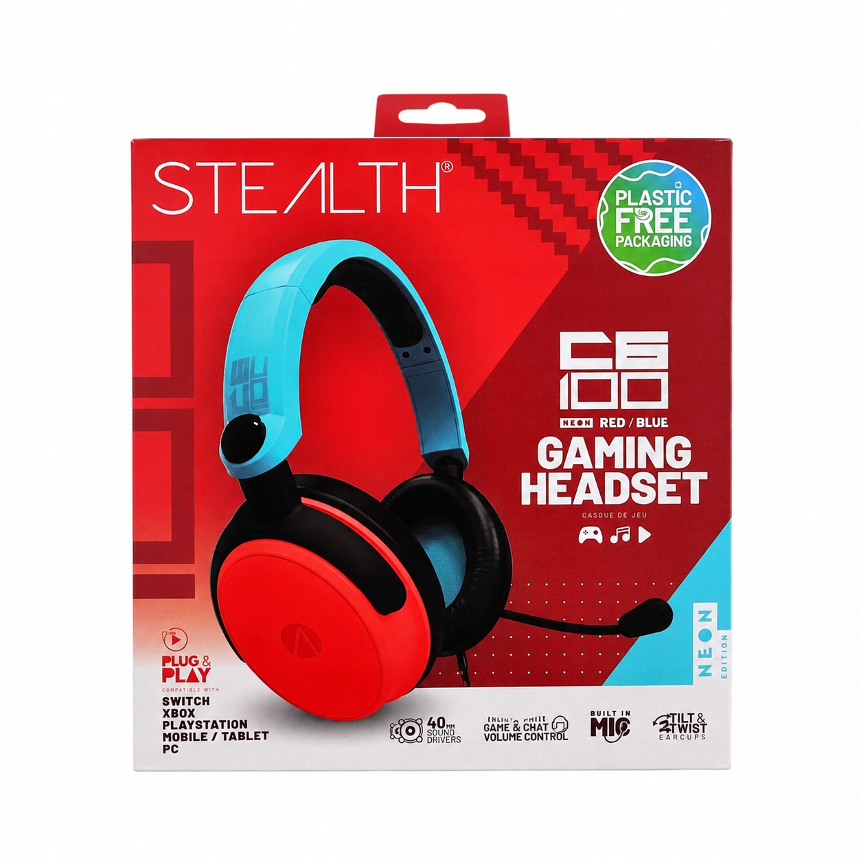 Stealth C6-100 Neon gamer fülhallgató mikrofonnal Red/Blue