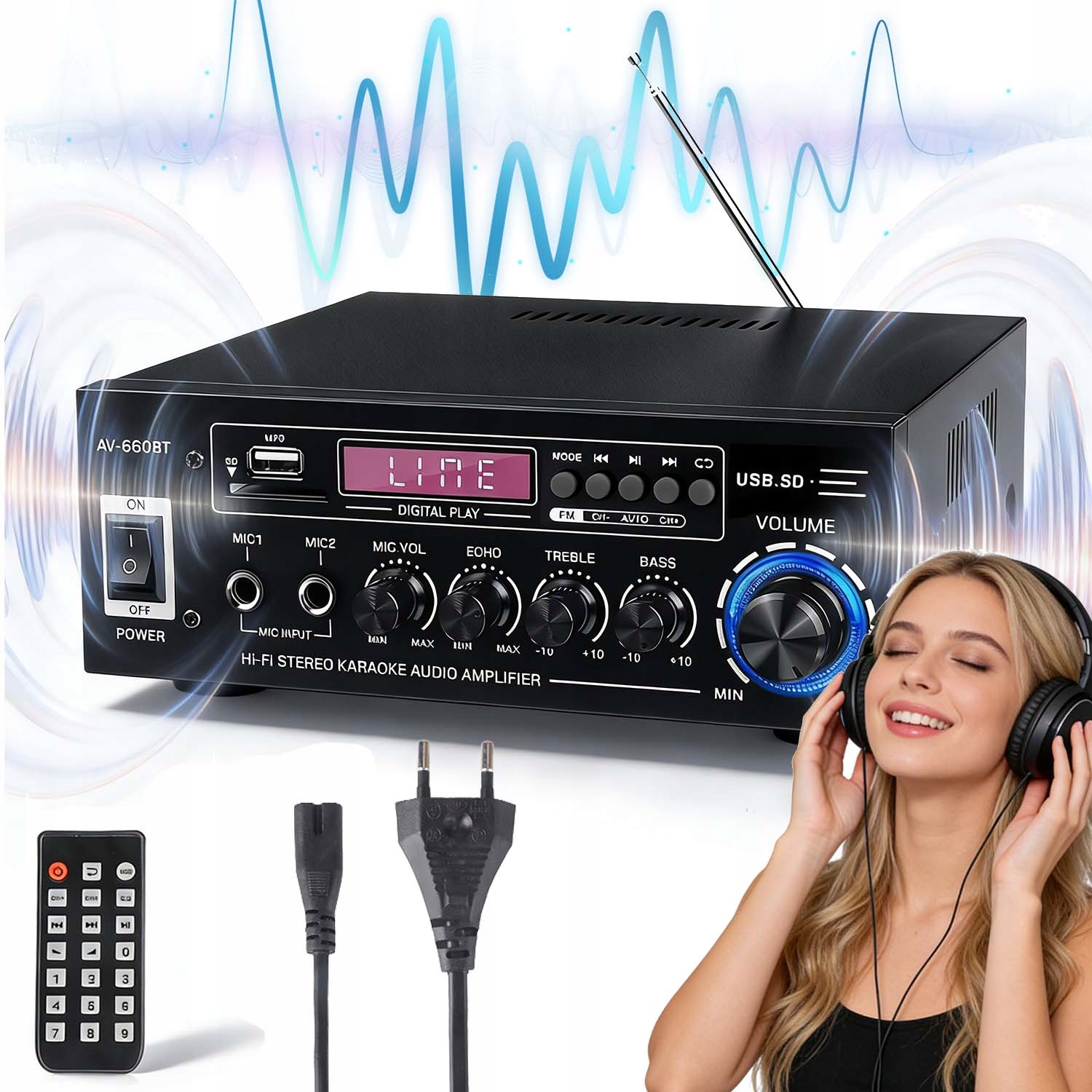 Stereo Zesilovač Bluetooth 5.0 Fm Rádio Led Displej Anténa S Dálkovým Ovládáním