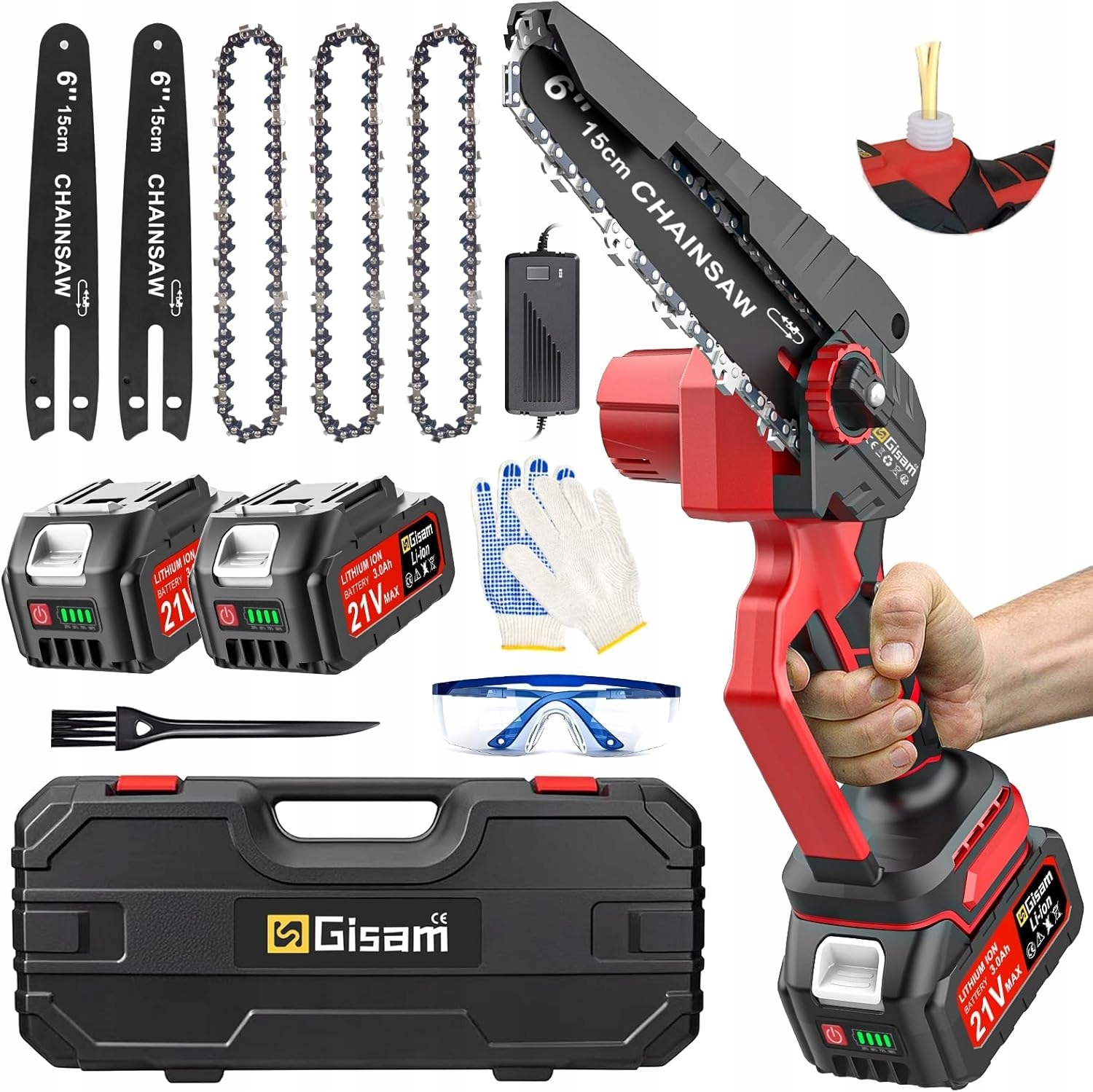 Gisam 6palcová bezdrátová řetězová pila 2ks 2 akumulátory na dřevo
