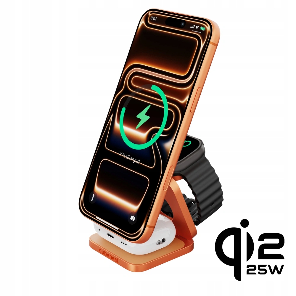 Cubenest Qi2.2 3in1 Magnetic Wireless charger SQ312 Ultra Orange