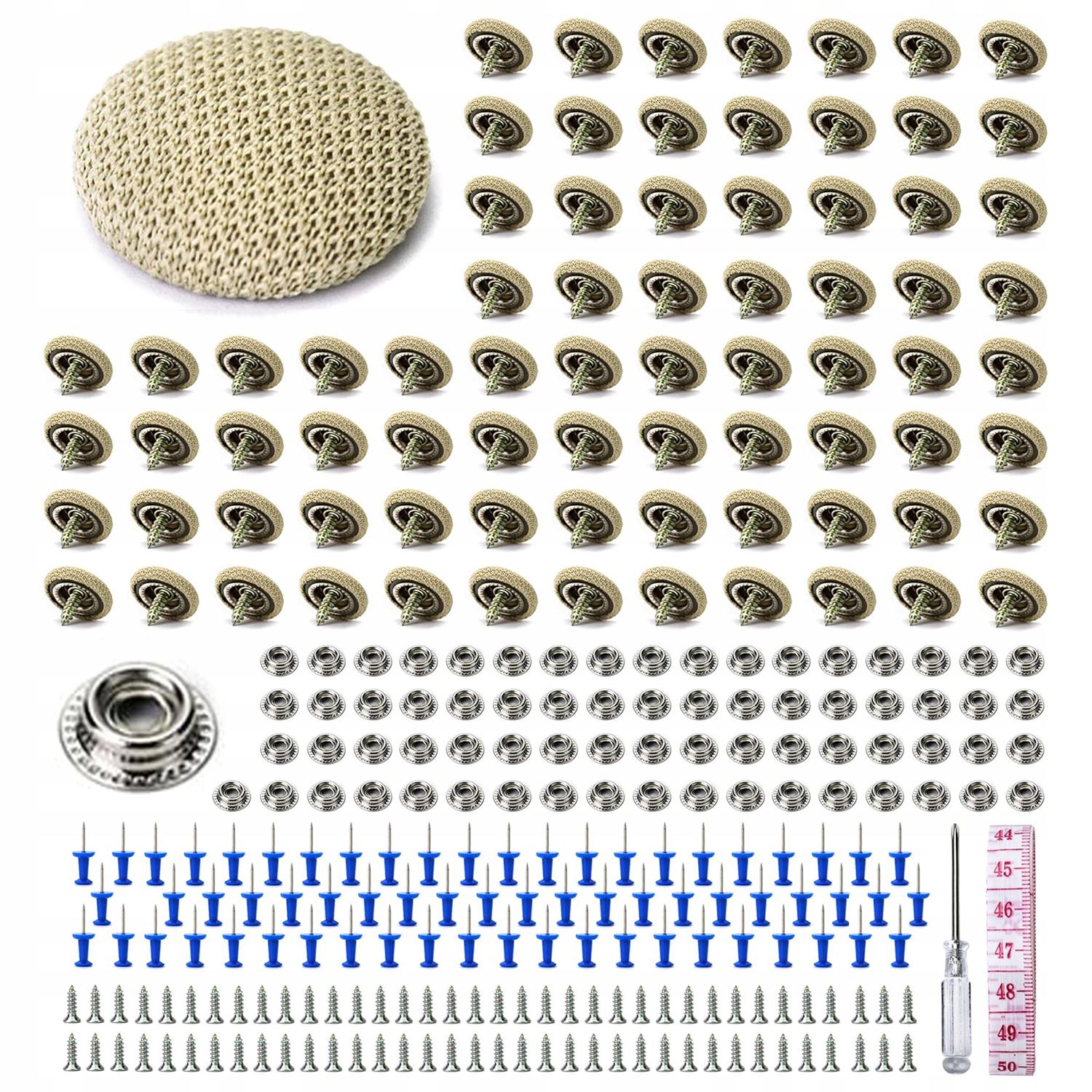 Zestaw naprawczy do podsufitki samochodowej 70 el. + śrubokręt + centymetr Stan opakowania oryginalne