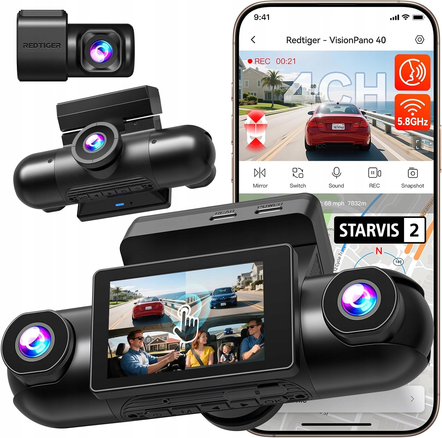 4-kanałowa kamera Dash Cam 360° View Redtiger VP40, STARVIS2, noktowizor,GPS