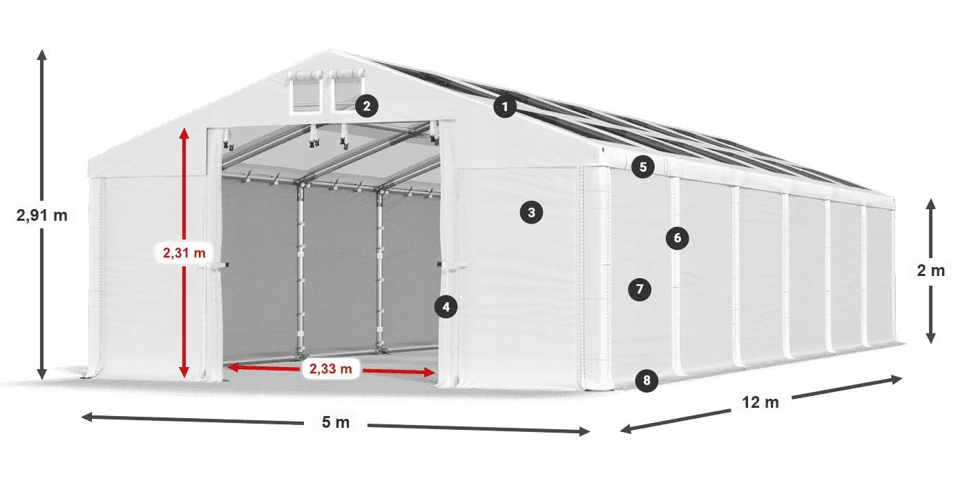 Namiot Garażowy 5x12m Przemysłowy DAS 580 W Wysokość 2.91 m