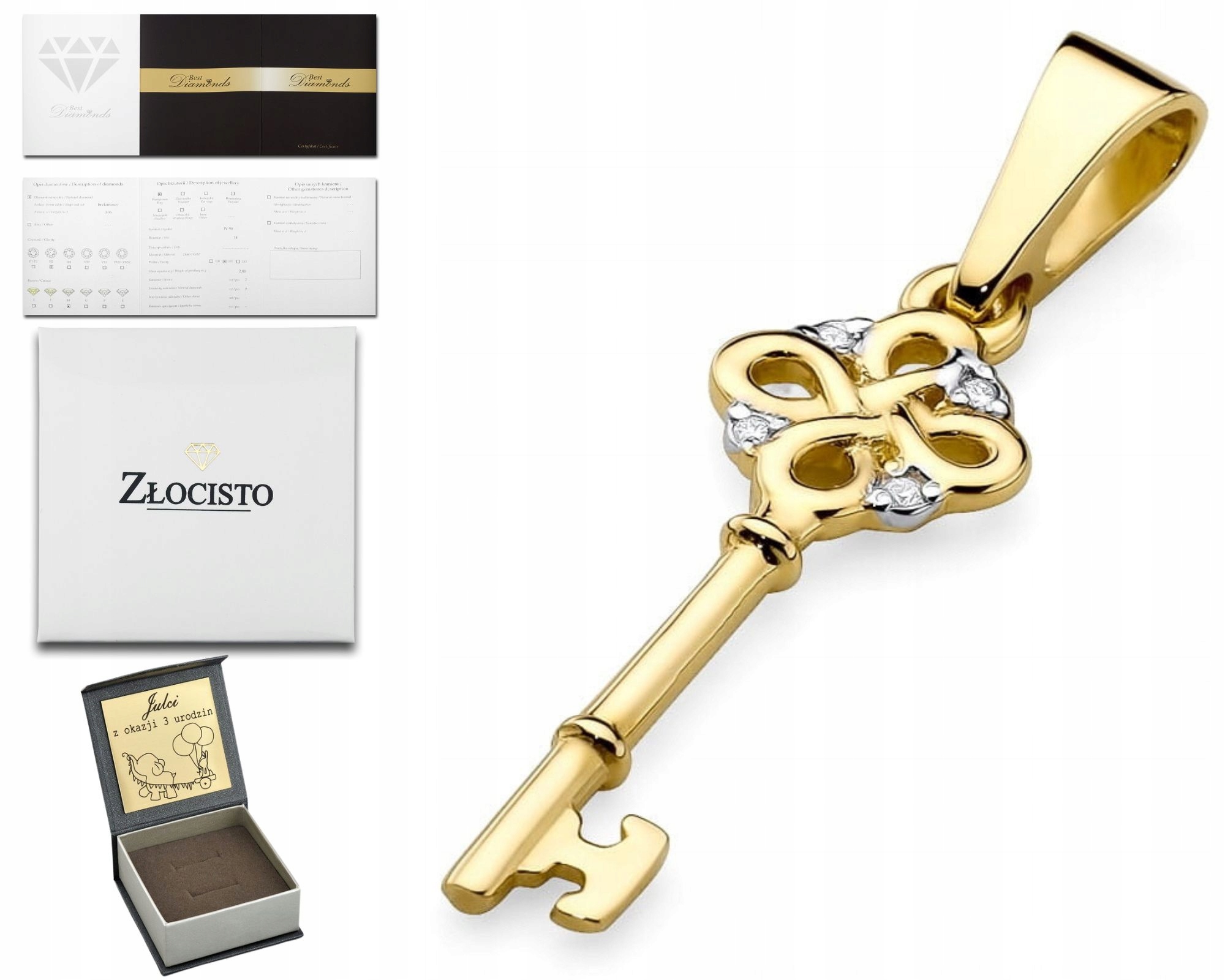Zlatý Přívěsek Diamanty Klíč Klíček Brilianty