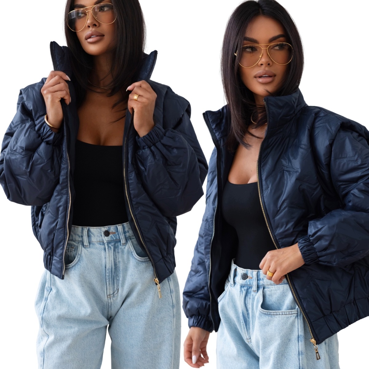 Dámská prošívaná oversize bunda puffer s krátkým vysokým límcem 113 XL
