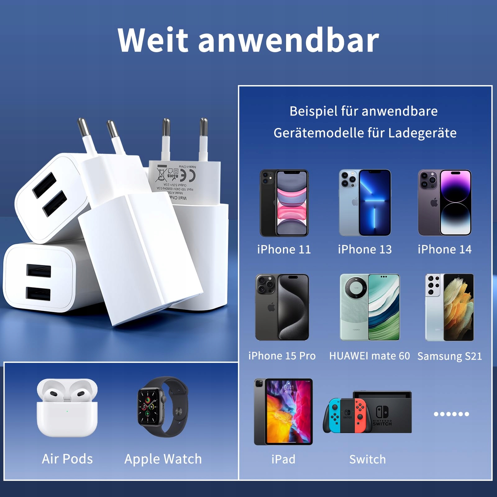 Zestaw 4 USB ŁADOWARKA DO IPHONE 16 15 14 PLUS PRO MAX ANDROID — miniatura 5