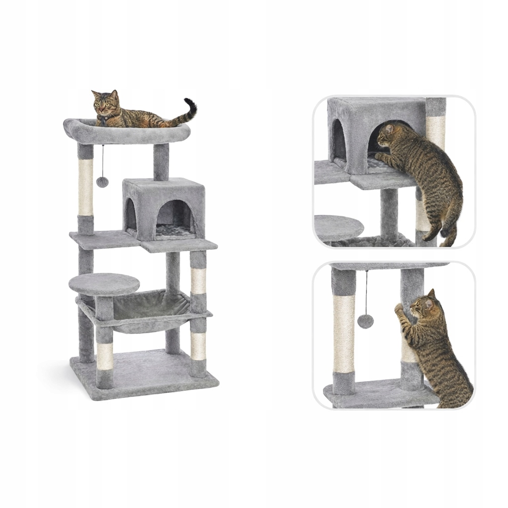 Škrabadlo pro kočky 143 cm 5 úrovní domeček houpací síť pelíšek šedá