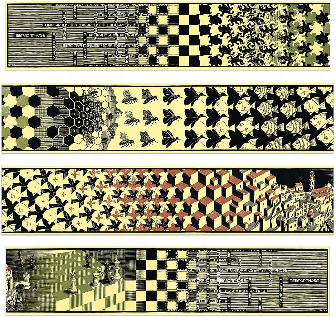 Panel ścienny dekoracyjny do sypialni „Metamorfoza II” M.C. Escher 100x22cm