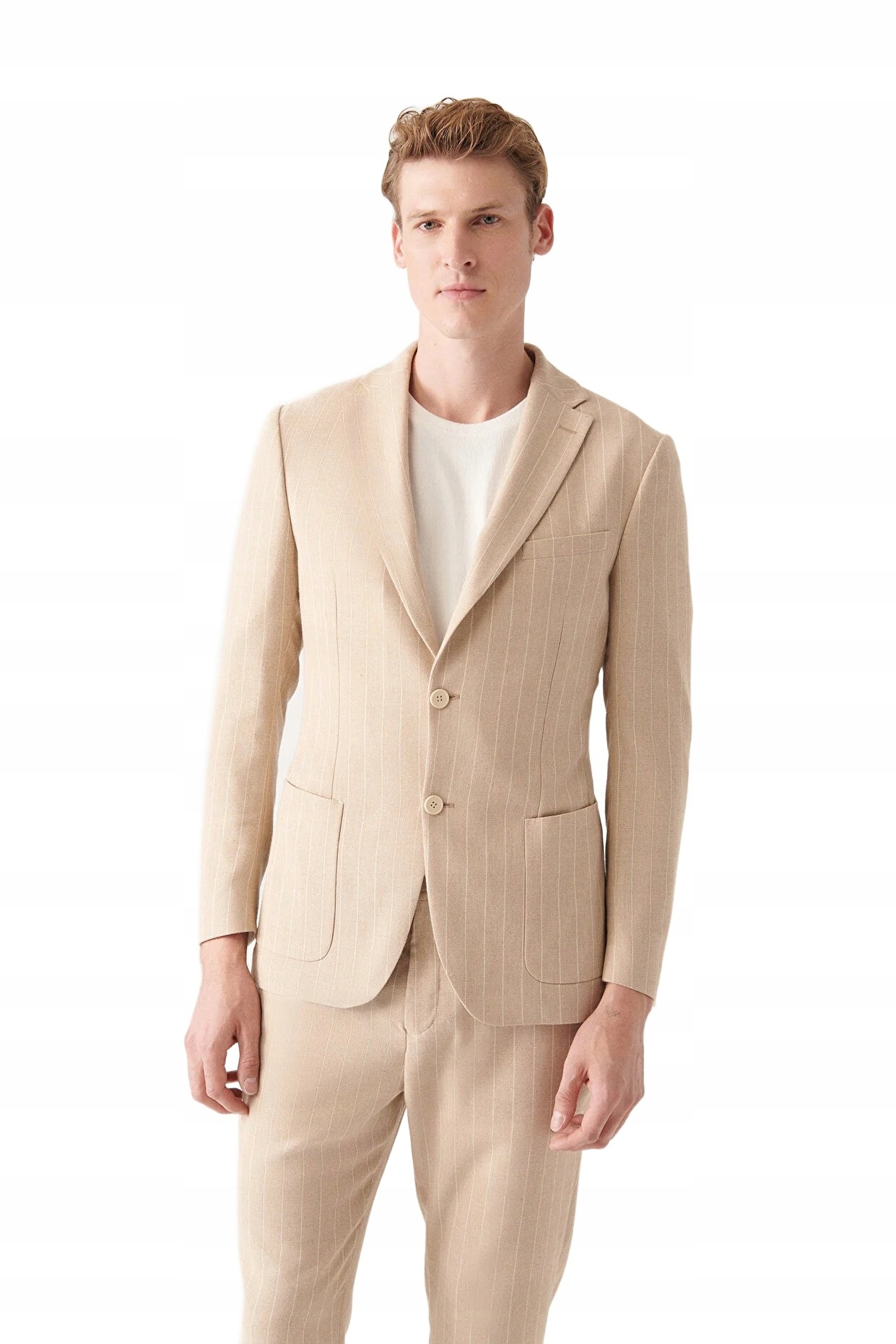 Avva Elegantní Pánská Béžová Pruhovaná Bunda S Klopami 46 5DA