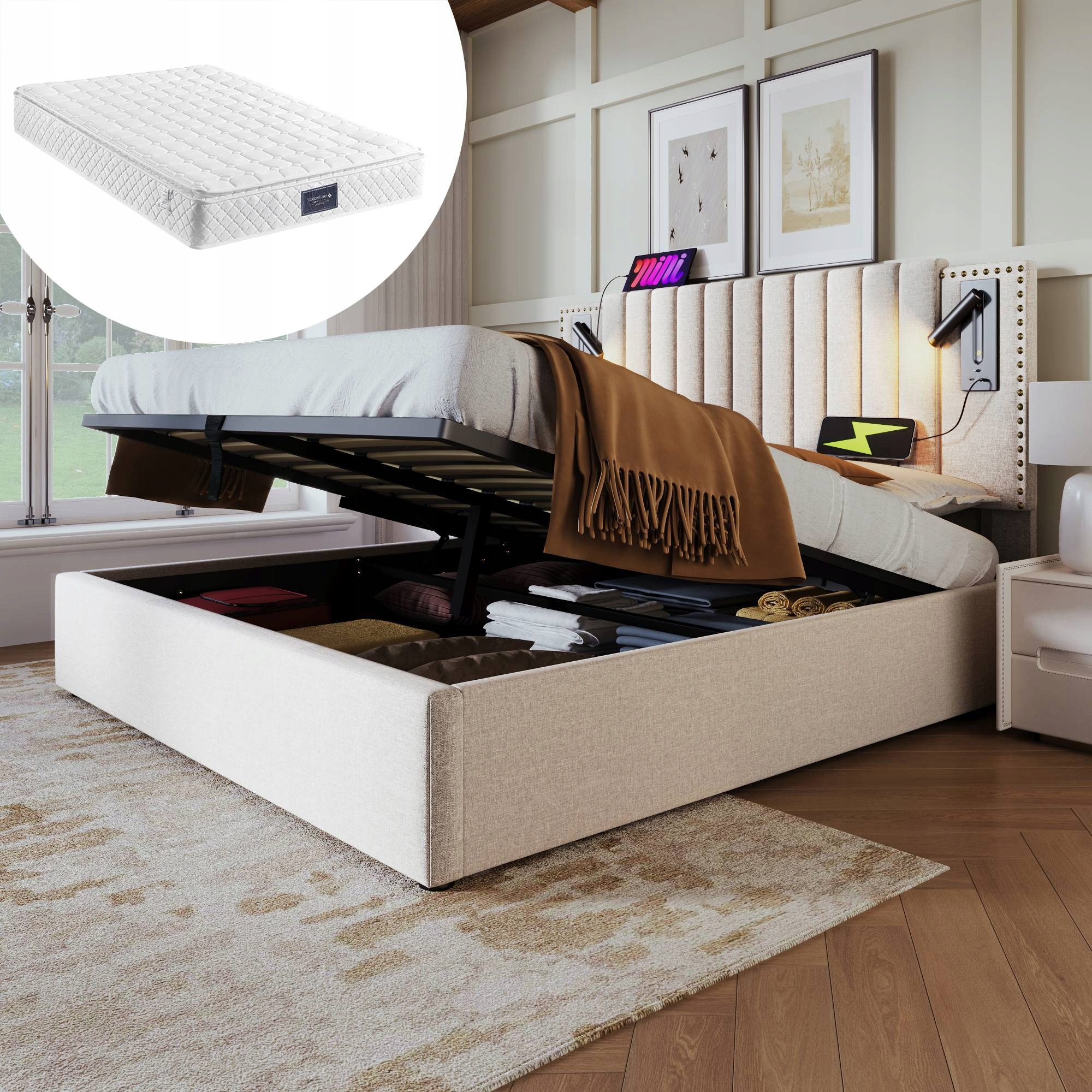 Čalouněná postel Dvoulůžková postel Usb 160x200 Hydraulická béžová+Matrace