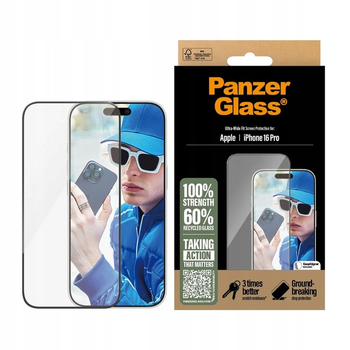 PanzerGlass Uw Fit tvrzené sklo 9H rámeček pro montáž na iPhone 16 Pro