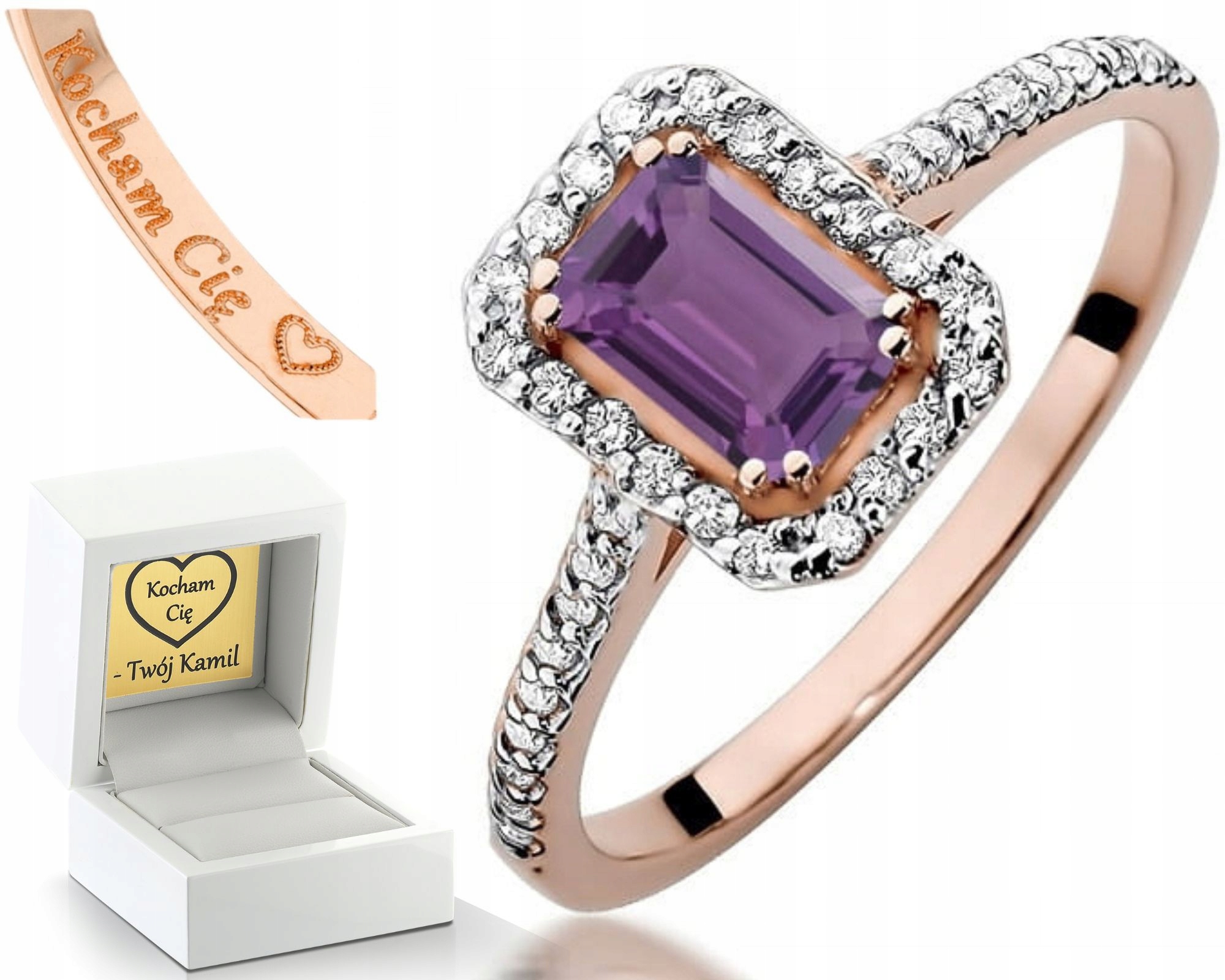 Zásnubní Prstýnek Ametyst Diamanty Růžové Zlato Gravírování 585