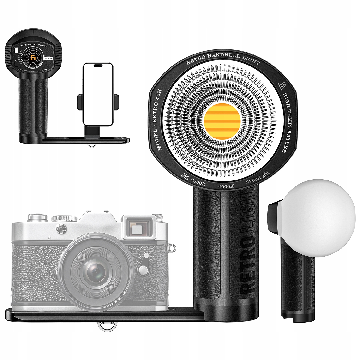 Ruční Led lampa 40W Cob Retro pro foto Video 2700-7000K pro telefon a fotoaparát