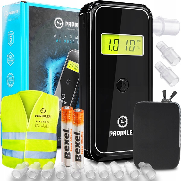 PRECYZYJNY ALKOMAT PROMILER AL9000 LITE | KALIBRACJE + ETUI + 152 USTNIKI