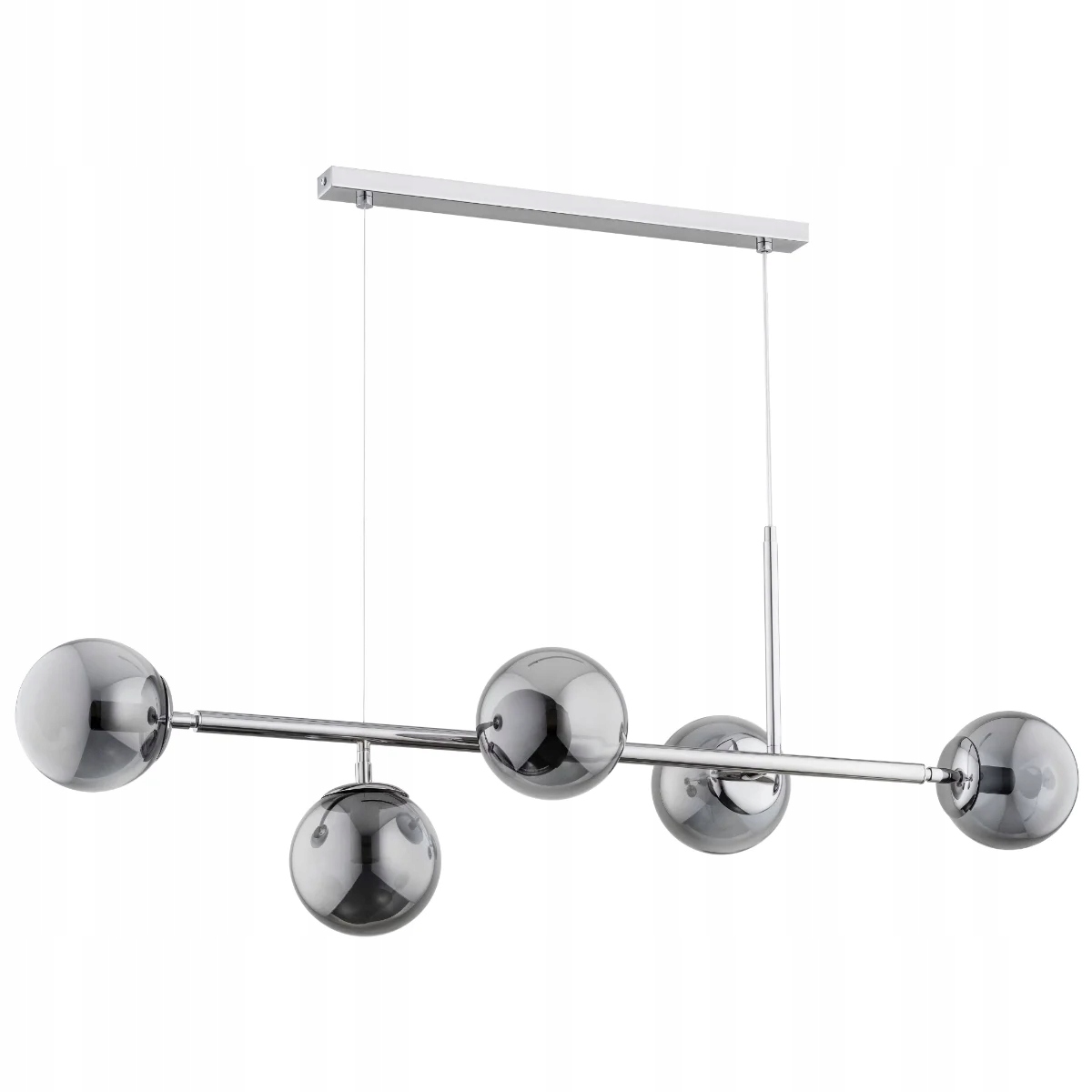 Chromové závěsné svítidlo, skleněné grafitové koule, 5 žárovek, podlouhlé, 110 cm Alfa