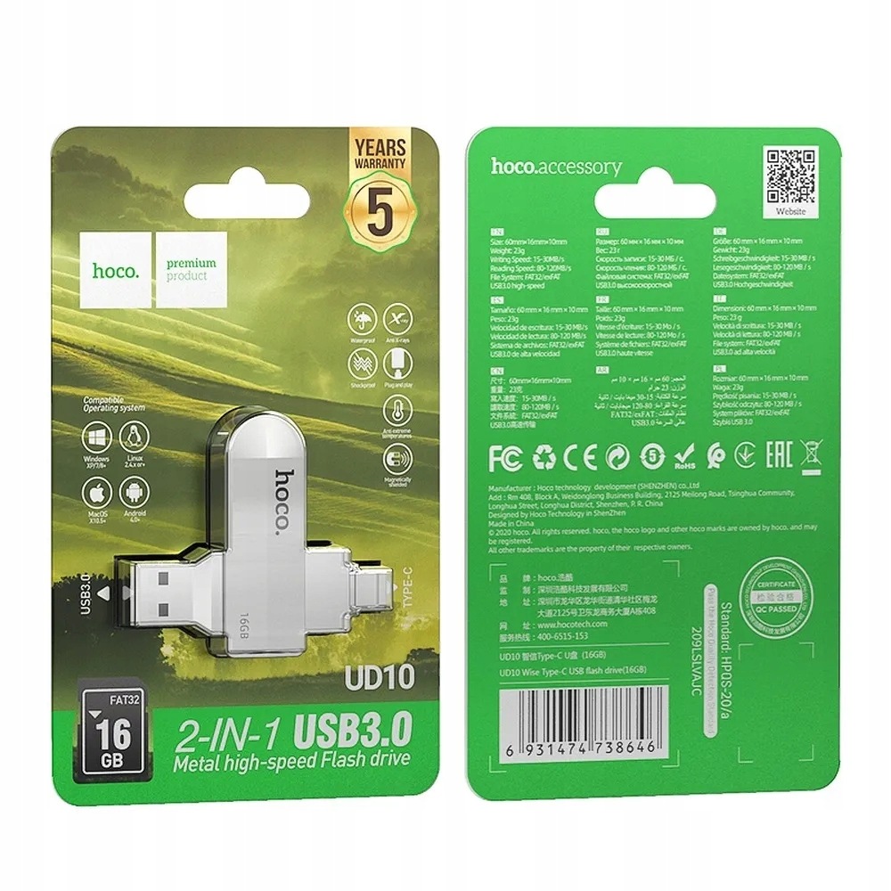 Pendrive 16GB Usb 3.0 (usb A Usb C) Hoco UD10 Ezüst Minőség