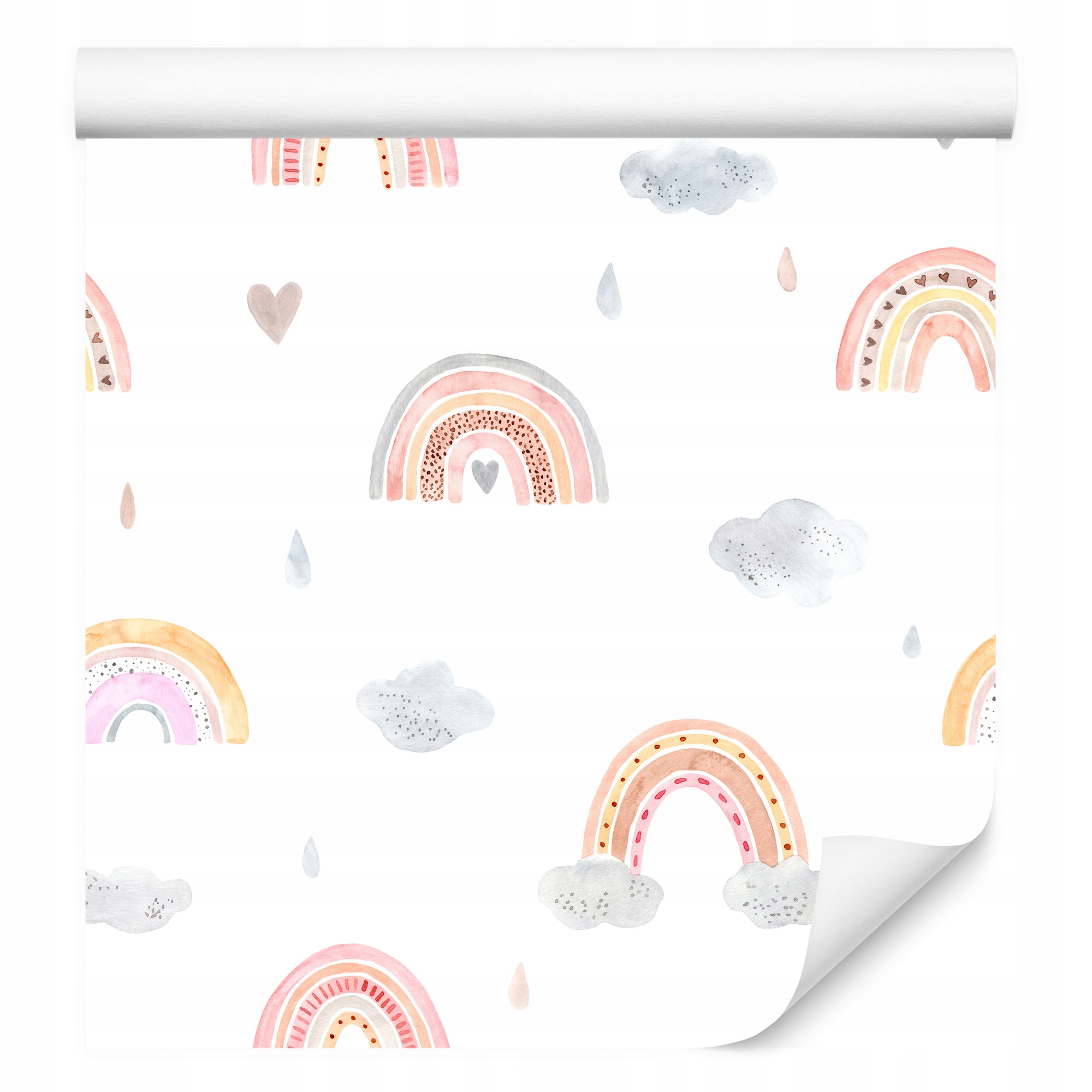 Tapeta do dětského pokoje Duha Akvarely Srdíčka Mraky Boho styl