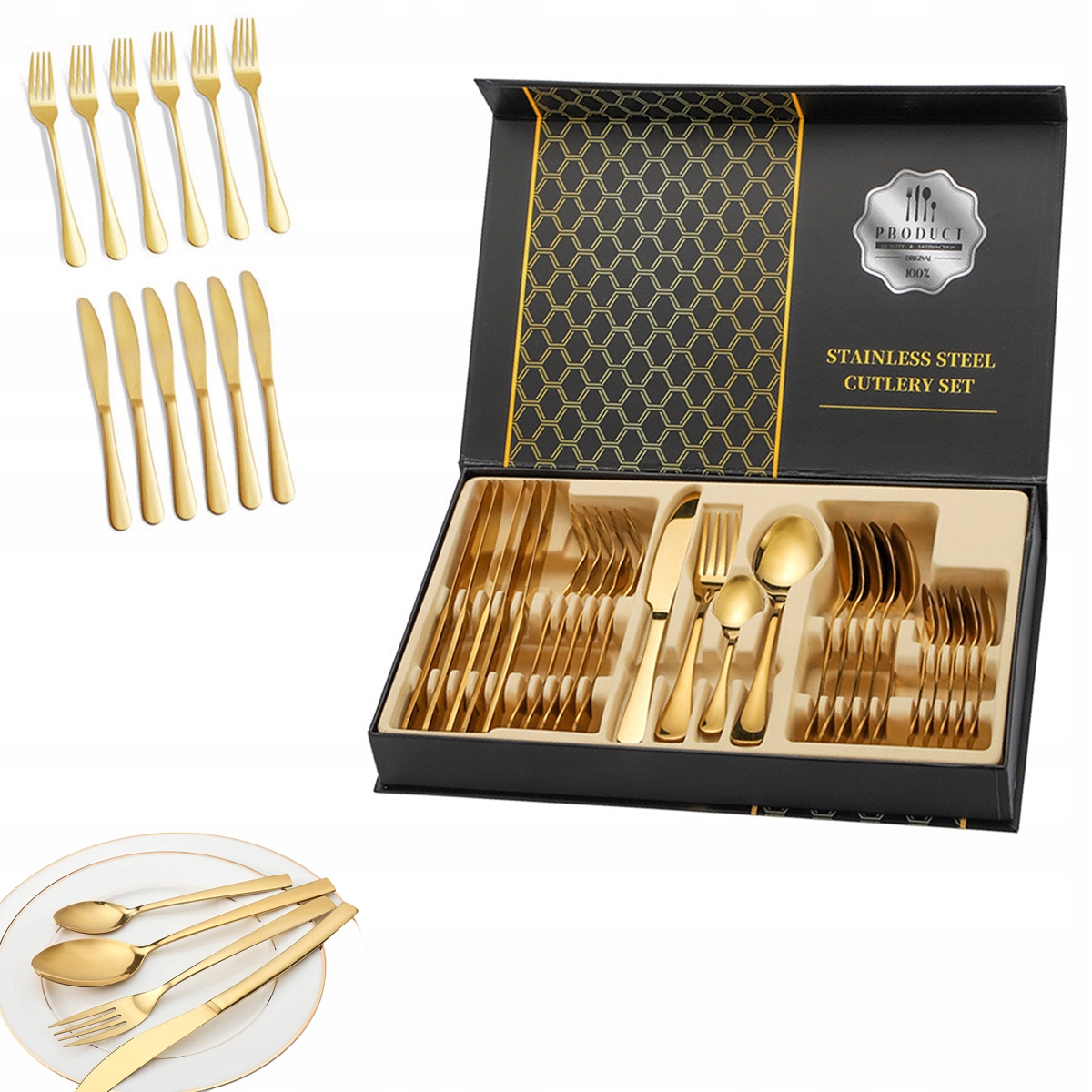 Sada Příborů Komplet Kufr Zlatý Pro 6 Osob 24 El Krabička