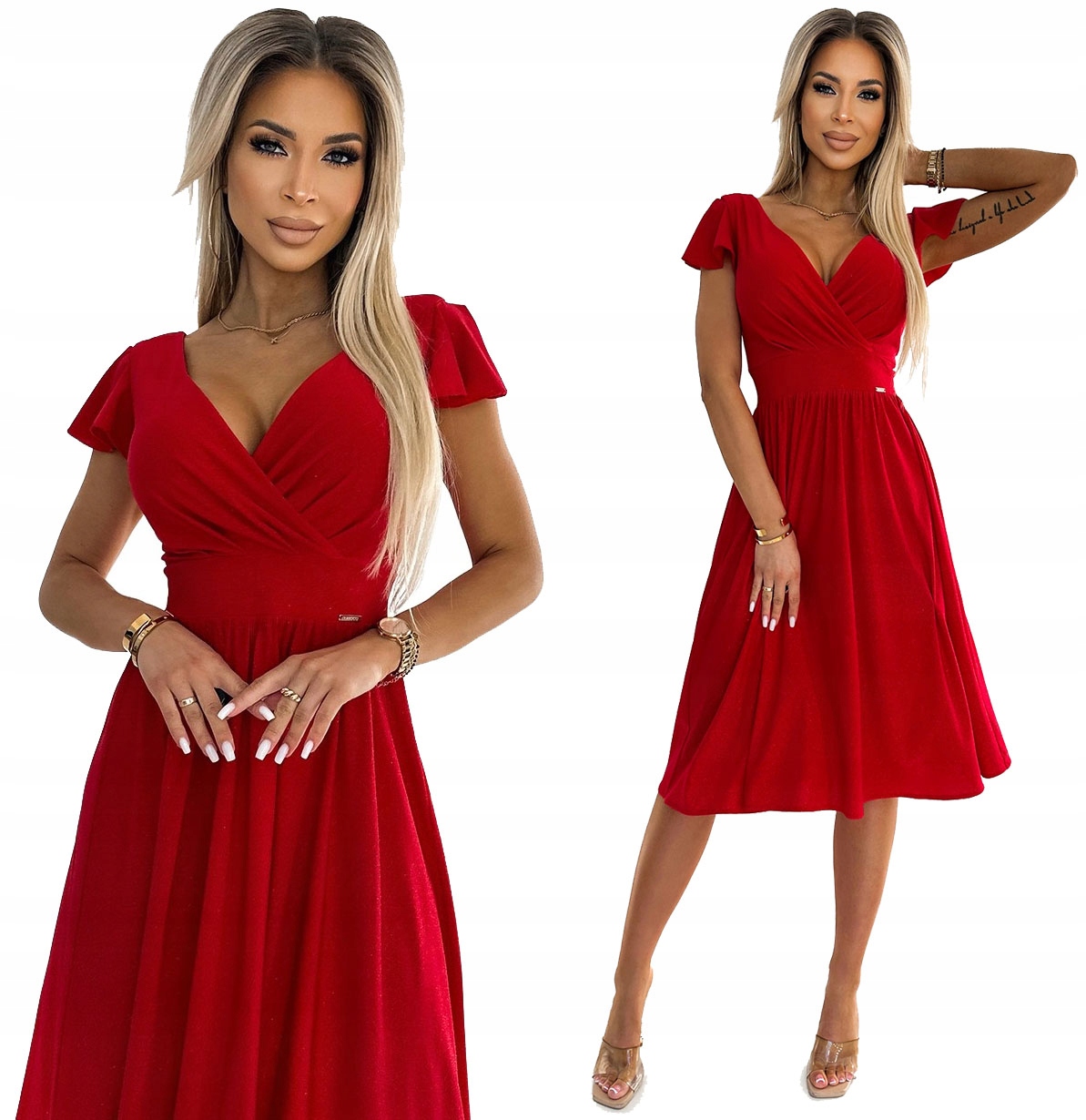 Rozkládací Šaty S Krátkým Rukávem, Zavinovací Výstřih, Červená, Třpytivé M