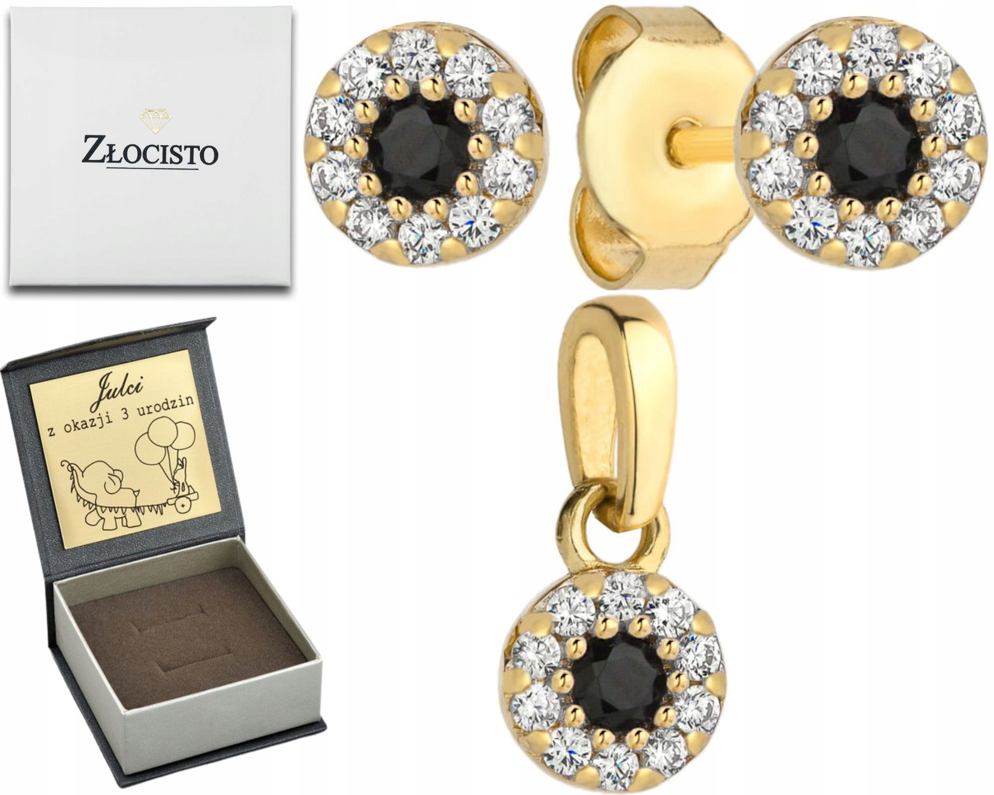 Zlatá Souprava Náušnice Přívěsek Černý Onyx Ryzost 585 Gravírování Jako Dárek