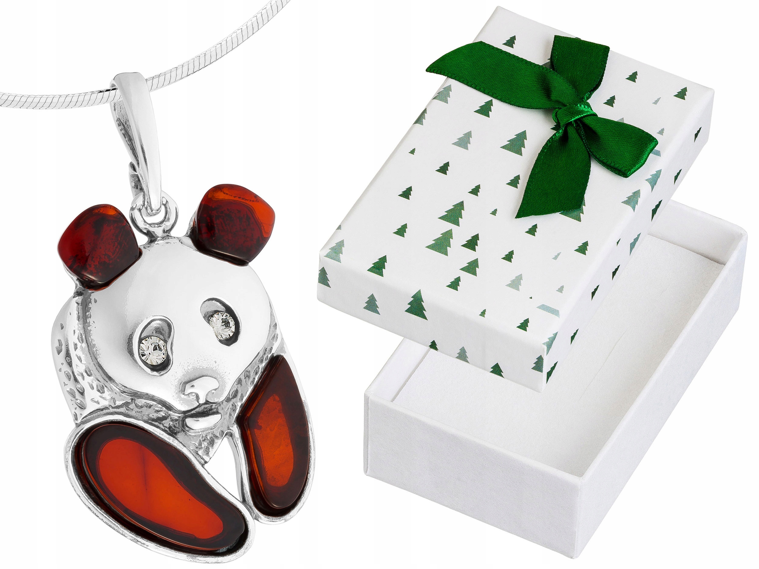 Velký stříbrný náhrdelník s medvídkem Panda Zirkony Jantar Stříbro Dlouhý 90 cm