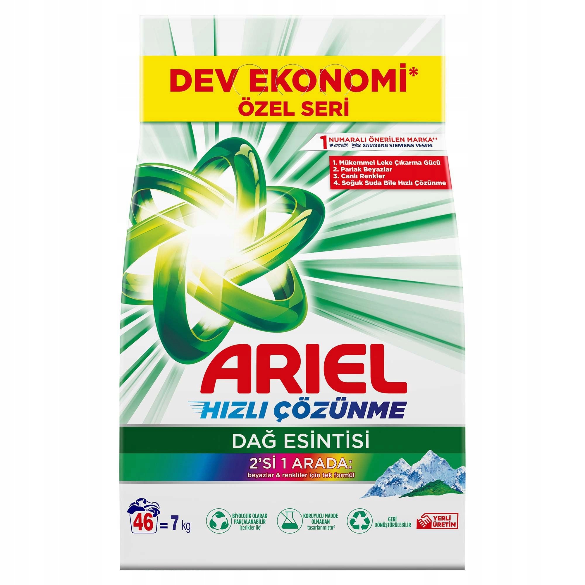 Levně Ariel Prášek na praní s vůní 2v1 Mountain Spring 7 kg – univerzální