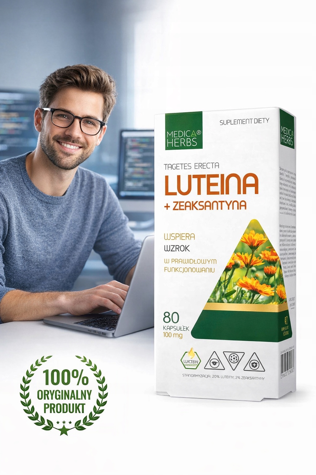 LUTEINA + Zeaksantyna PLUS 80kap Ekstrakt | Wzrok | Ochrona oczu | Komputer