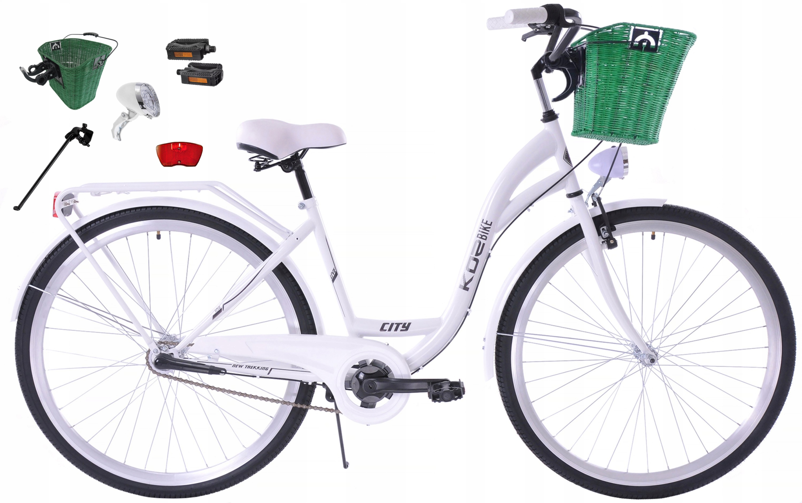 Rower miejski Kozbike 28 3biegi biały kosz wiklinowy zielony