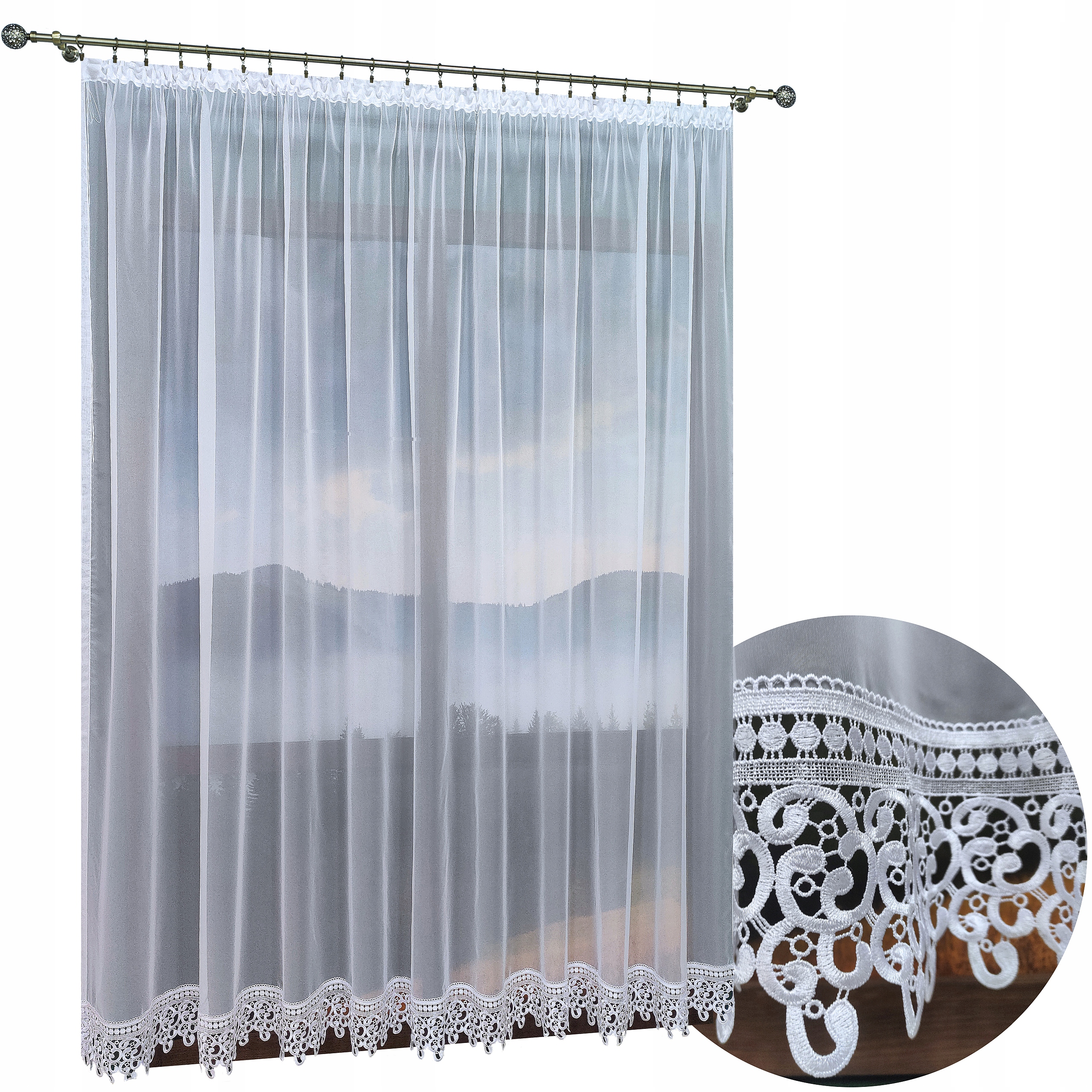 Hotové Záclony Bílá Hotová Záclona Guipure Krajka 1000x300 Tunel Žabky délka