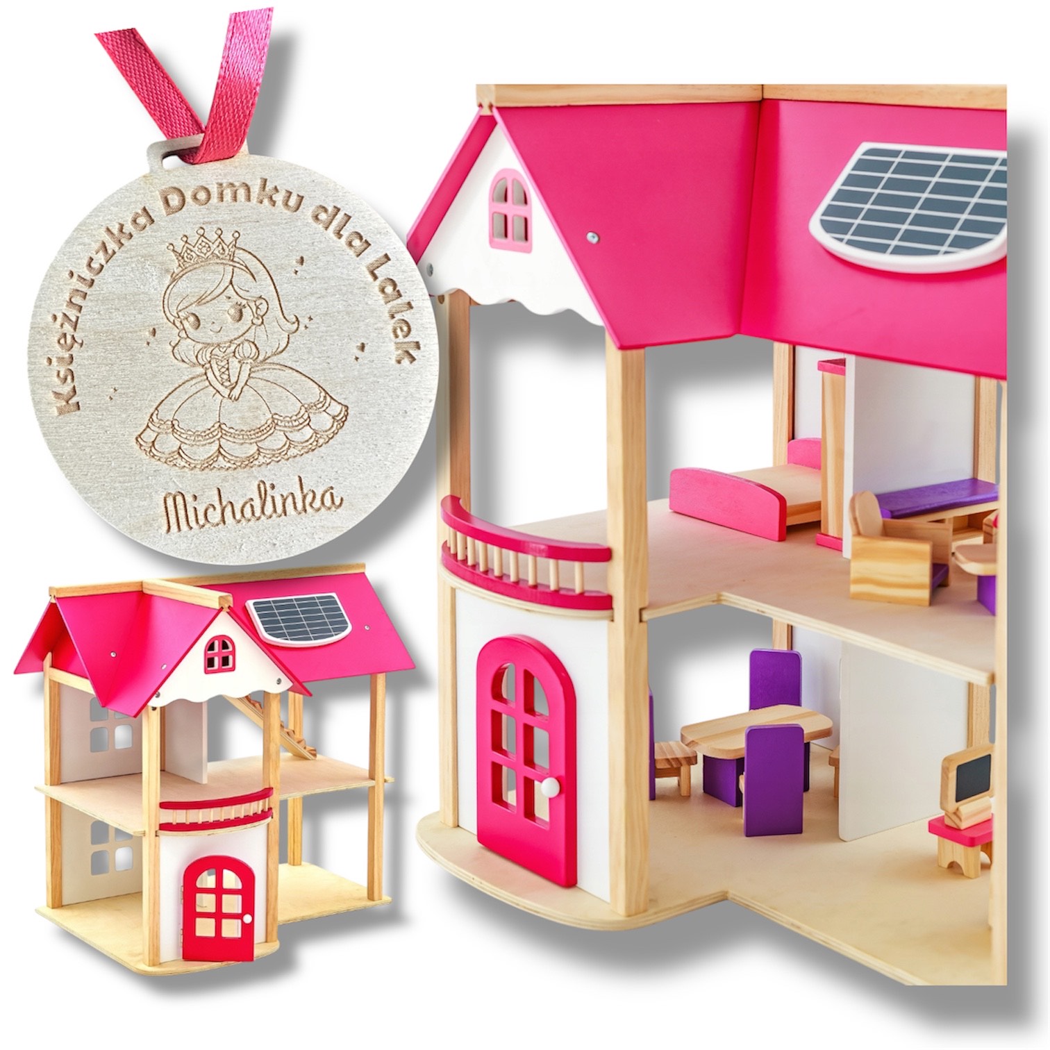 Duży Drewniany Domek dla Lalek Mebelki Meble Medal Księżniczki