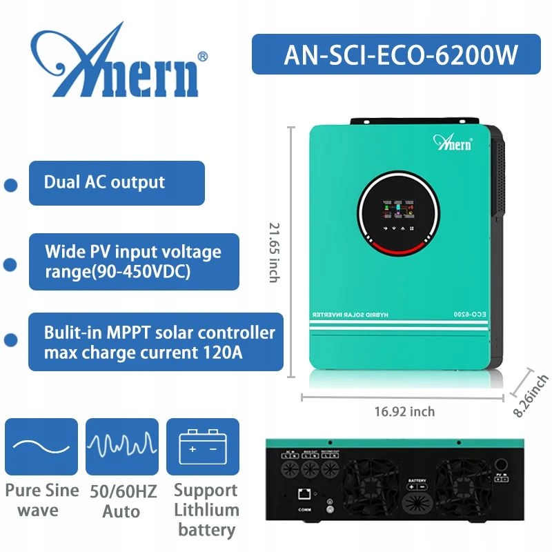 6,2kW 230V Inwerter solarny 6500W hybrydowy 6kW UPS grid akumulatory 48V DC EAN (GTIN) 68908857290879