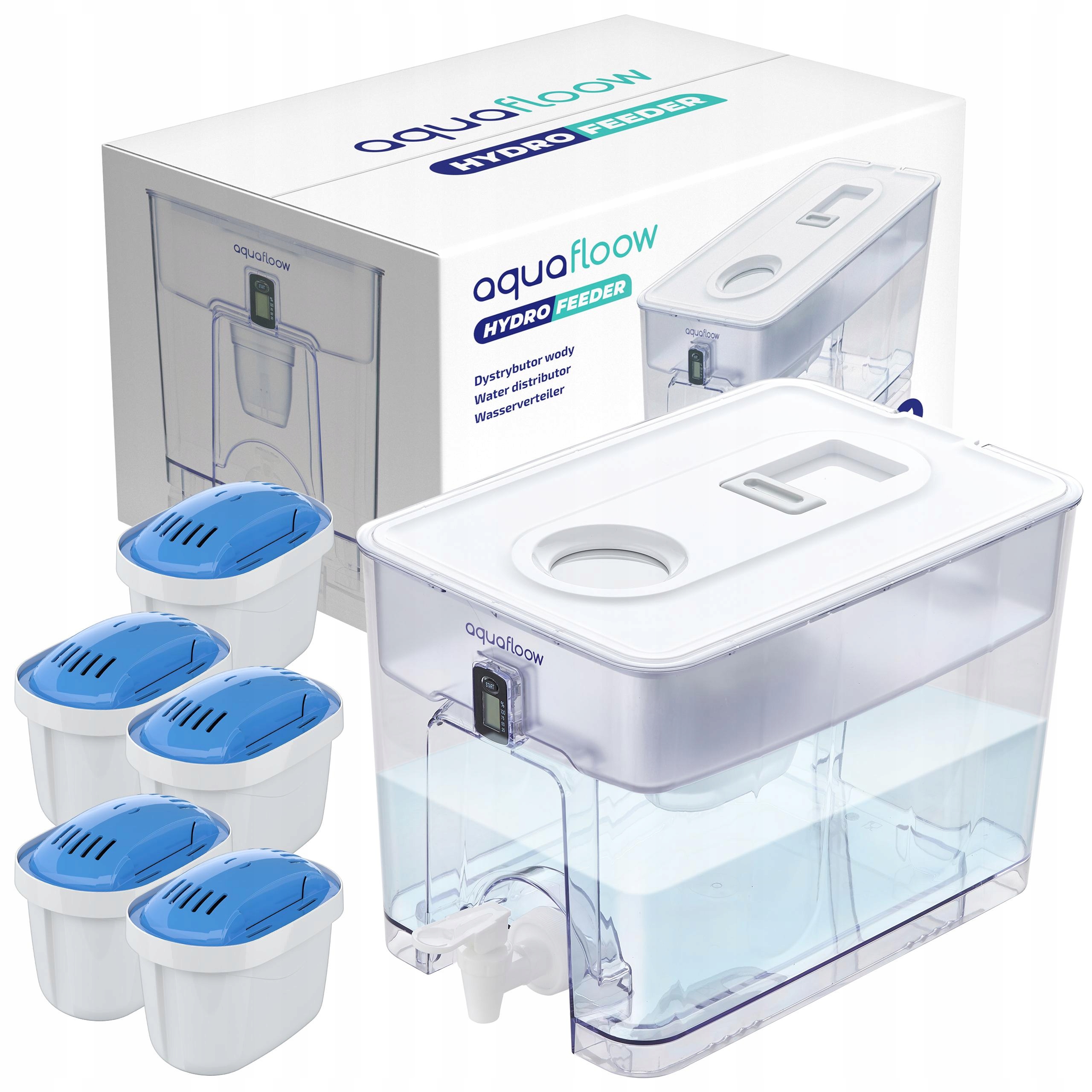 AquaFloow: filtrační konvice vody XL 9,5 l dávkovač vody 5 x hořčíkový filtr