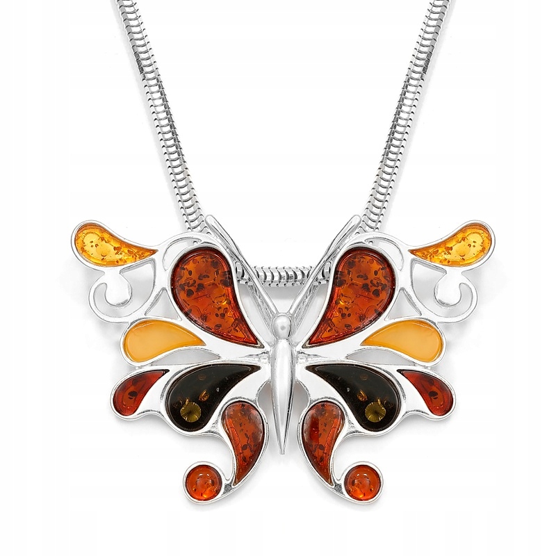 Motýl Velký Stříbrný Přívěsek S Barevným Jantarem Stříbro 925