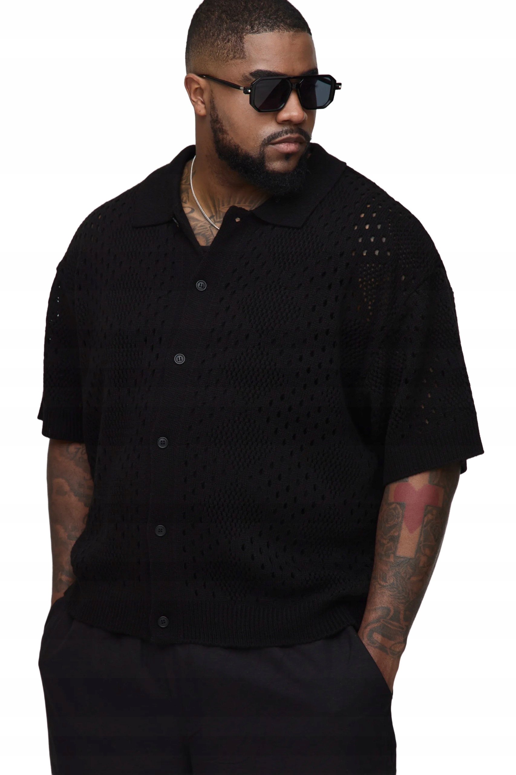 Boohooman Černá Ažurová Pánská Košile Plus Size S Krátkým Rukávem XXL Z3A