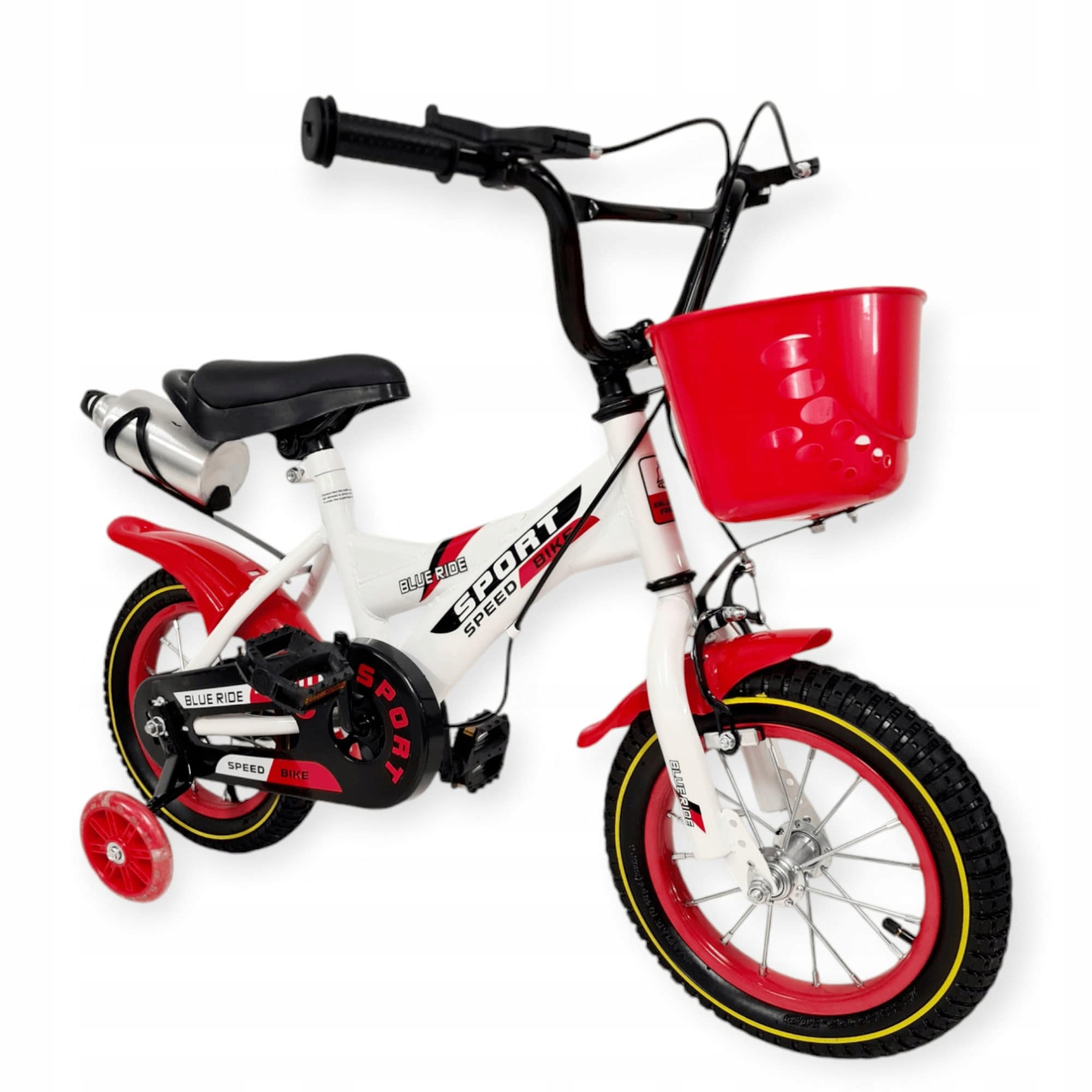 Rowerek rower dziecięcy 12 cali boczne koła Biały czerwony błotniki koszyk