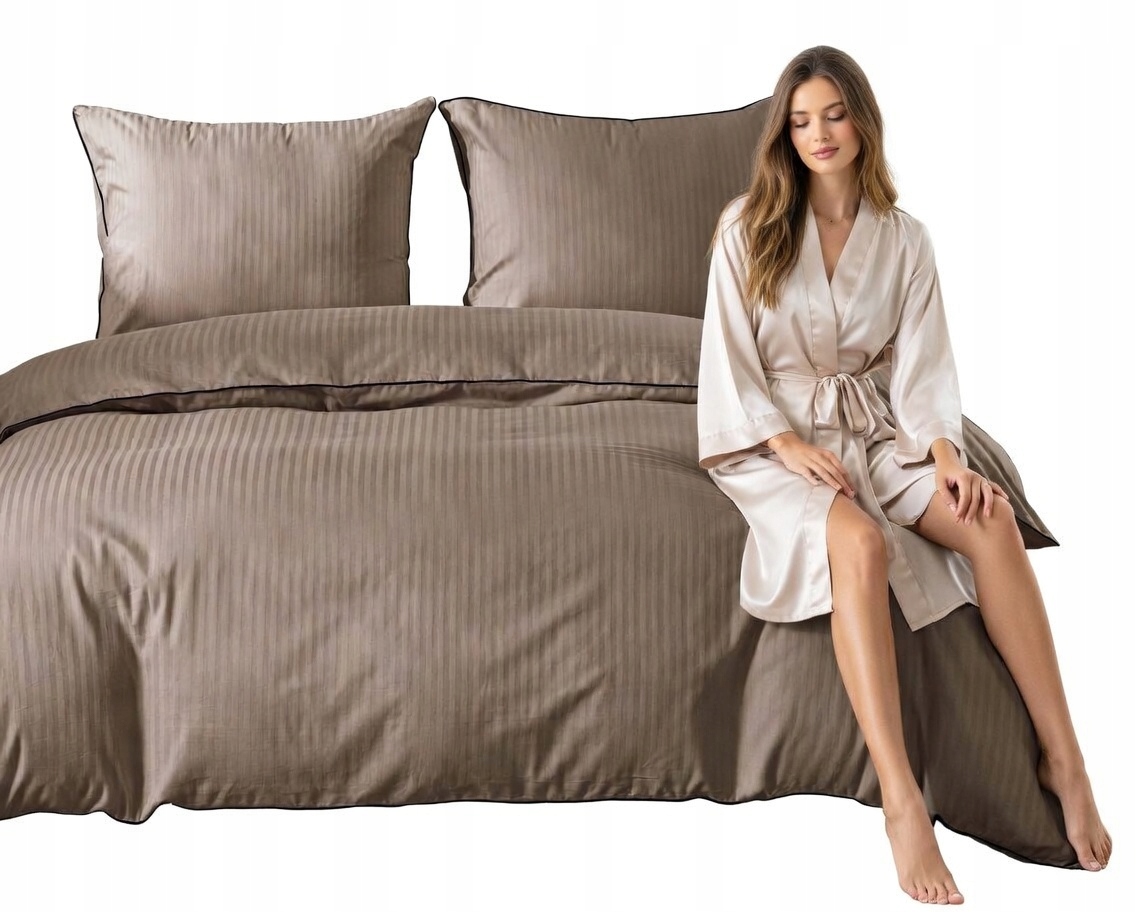 Pościel 140x200 100% Bawełniana Brązowa Adamaszek w Pasy z Lamówką Bawełna