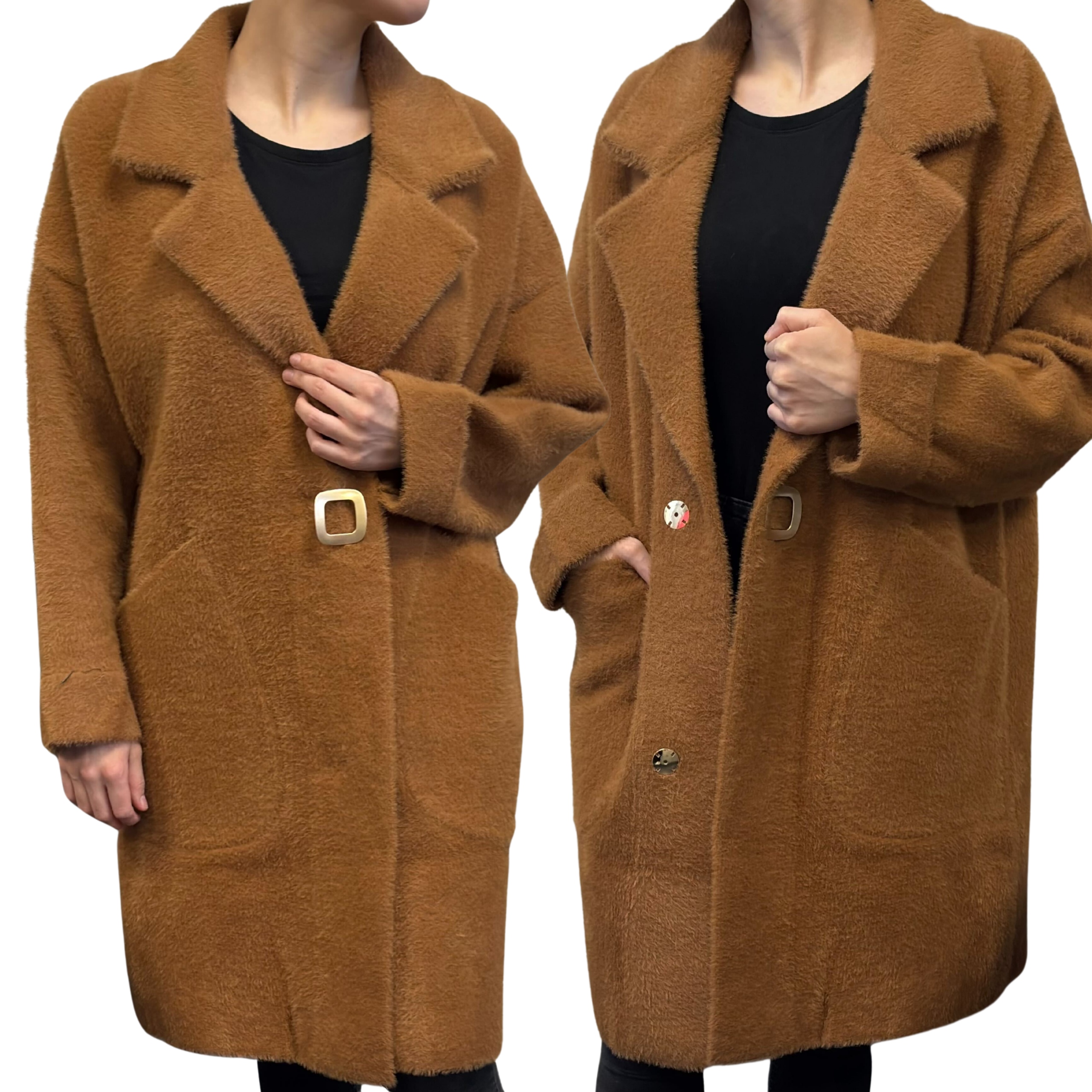 Płaszcz Damski Długi Narzutka Alpaka Ciepła Kobieca Brązowy 2024