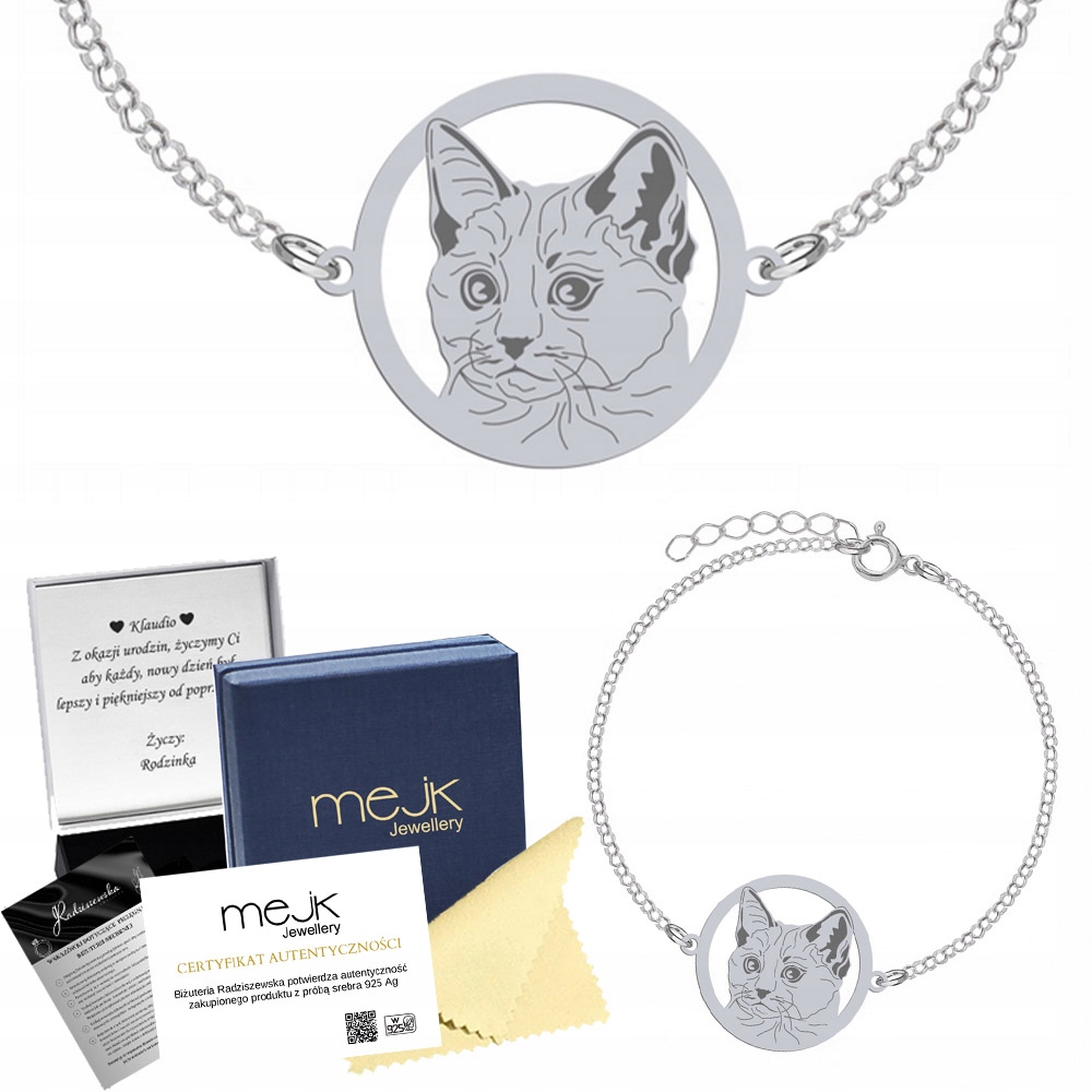 Stříbrný náramek s thajskou kočkou 925 Dárek Šperky Žena Gravírování