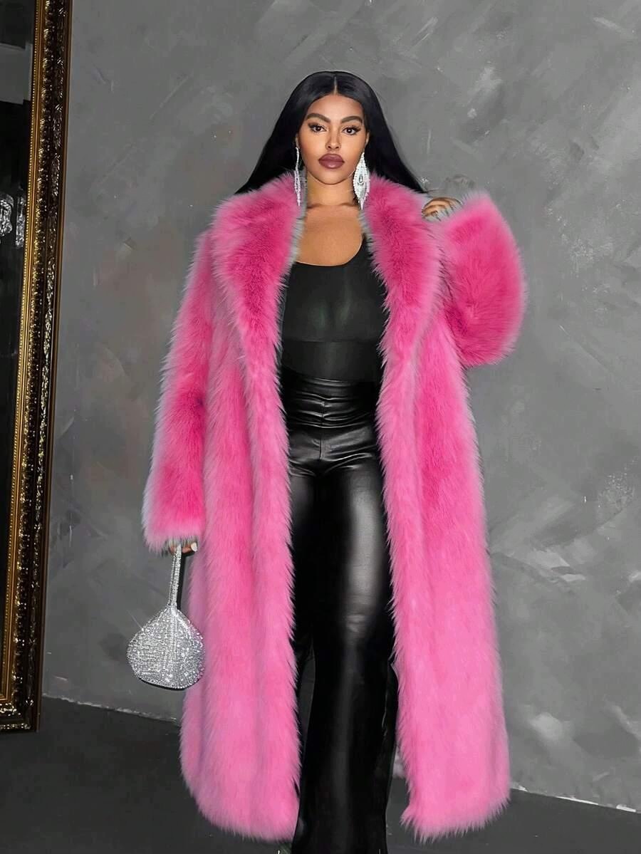 Růžový Kabát Z Umělé Kožešiny S Volným Střihem Plus Size Shein 44
