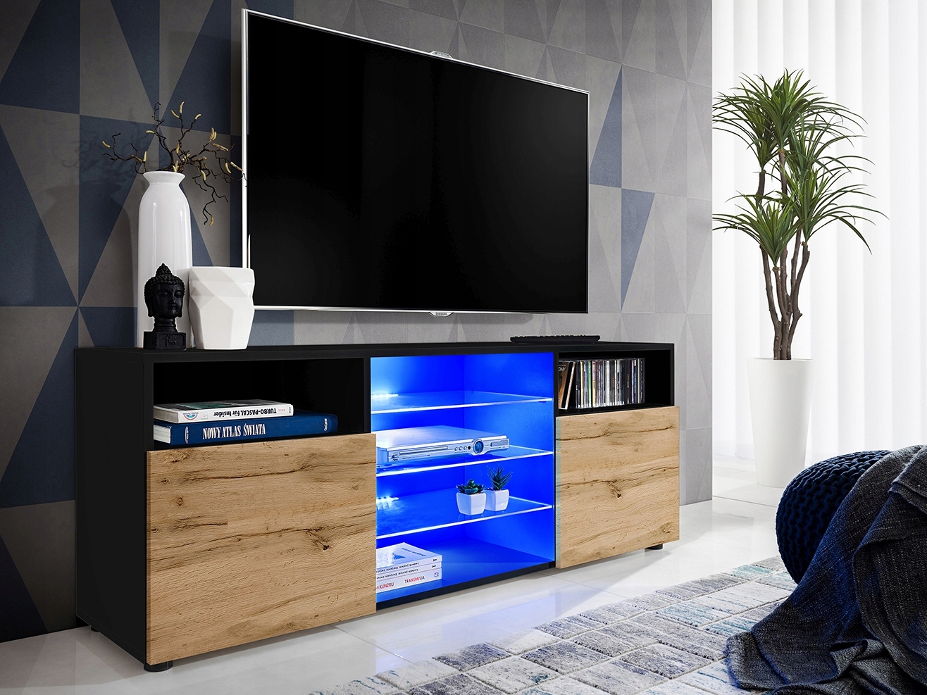

szafka rtv czarna front dąb wotan 140cm Led