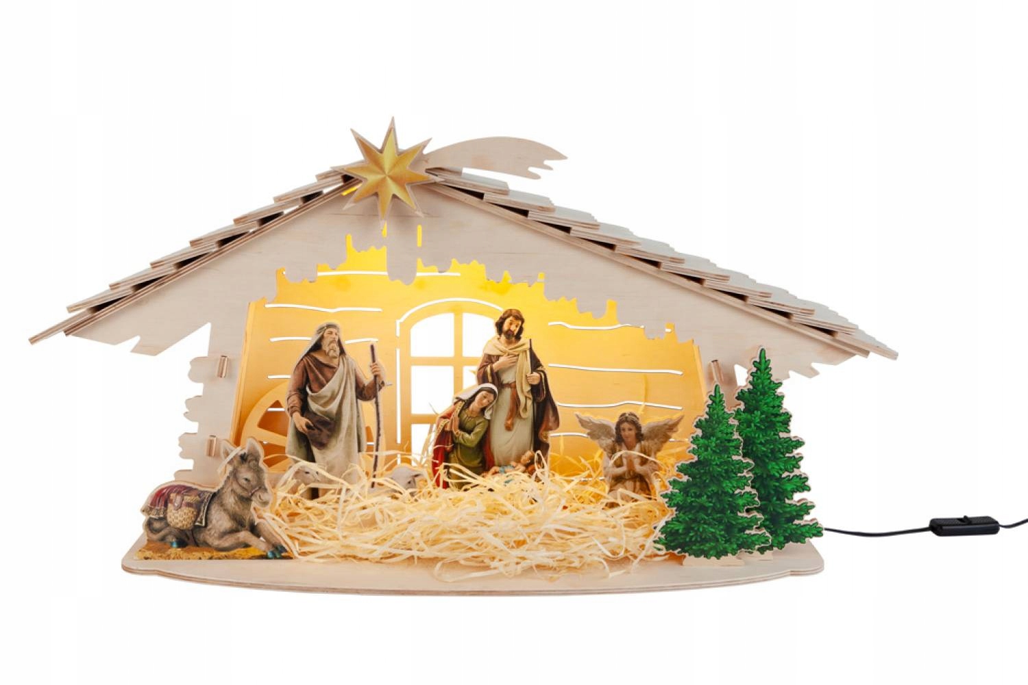 Szopka Bożonarodzeniowa ze sklejki z figurami podświetlenie Led 68 cm