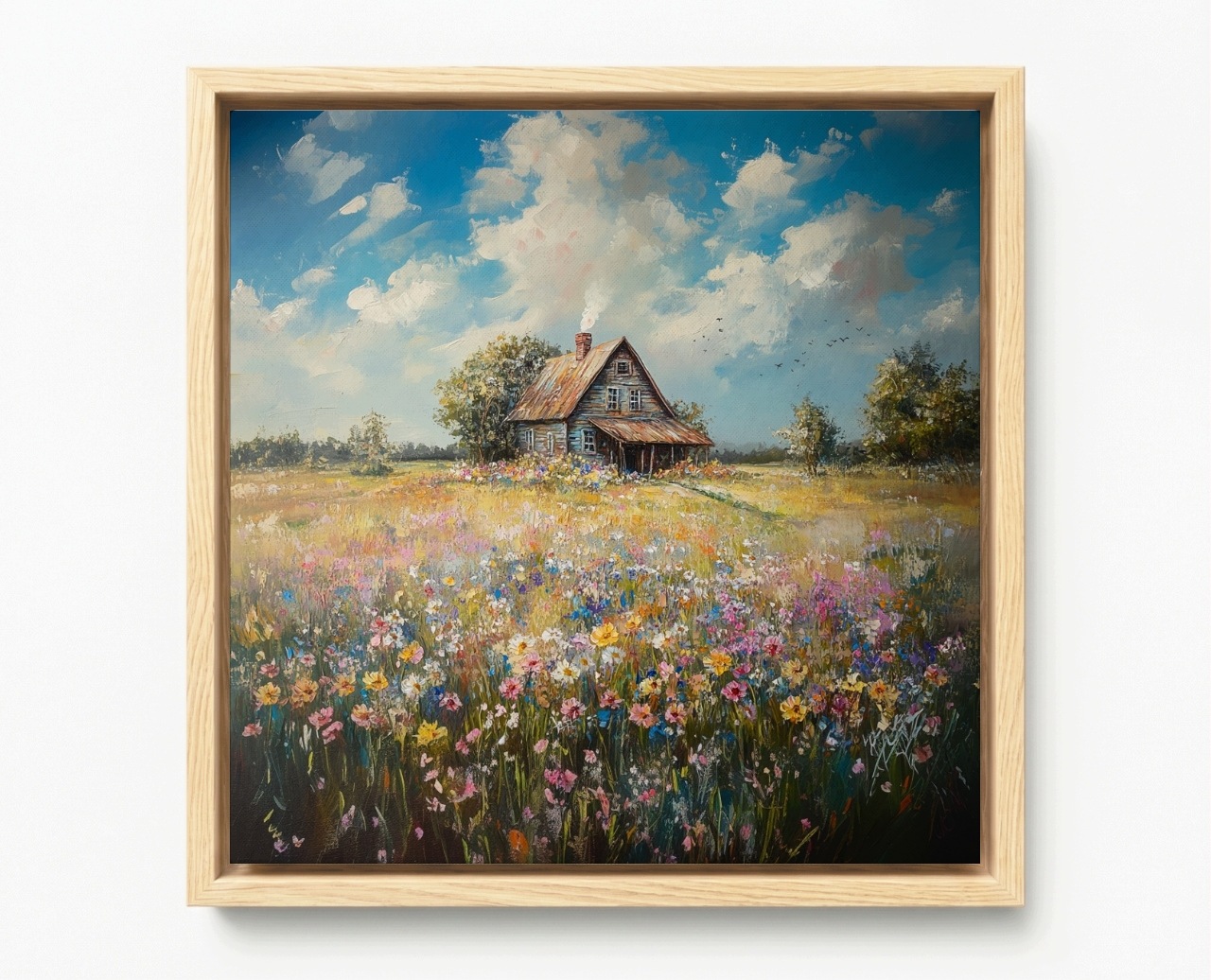 Obraz Rám Americký Box Krajina Vesnice Dům Chata Louka Květiny Jaro 60x60