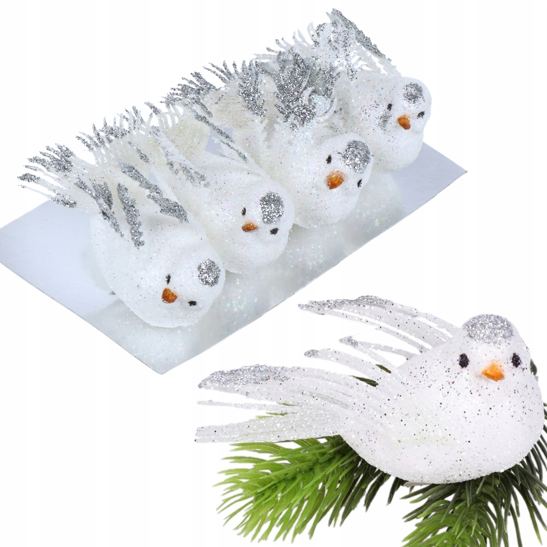 PTASZKI NA CHOINKĘ DEKORACJA ŚWIĄTECZNA BIAŁY PTASZEK STROIK ZESTAW 4SZT