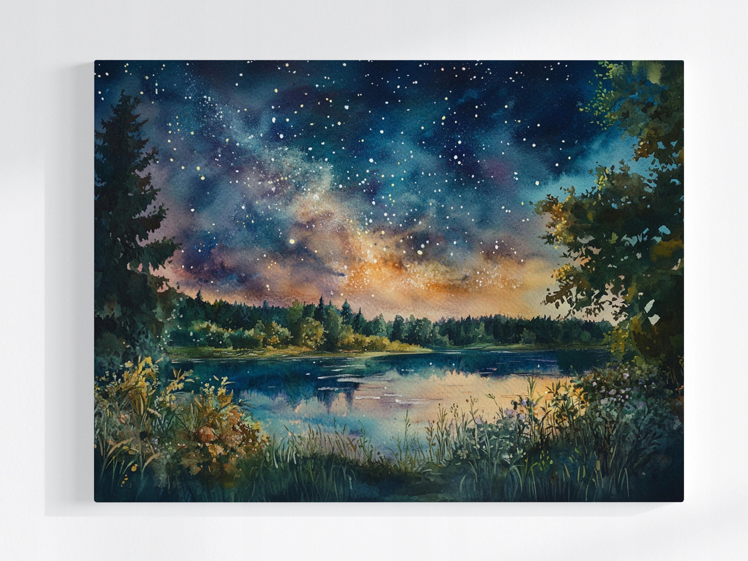 Obraz Na Plátně Canvas Pohled Na Krajinu Jezero Voda Nebe Hvězdy Noc 80x60