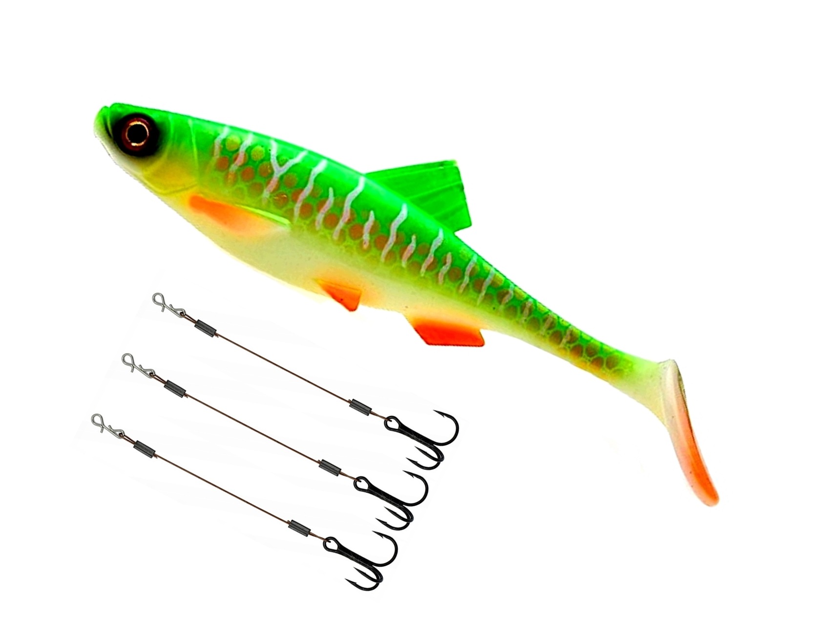 Guma Miracle Fish 20cm 59.5g Fire Perch Green Motto 3x Dozbrojka 7,5cm