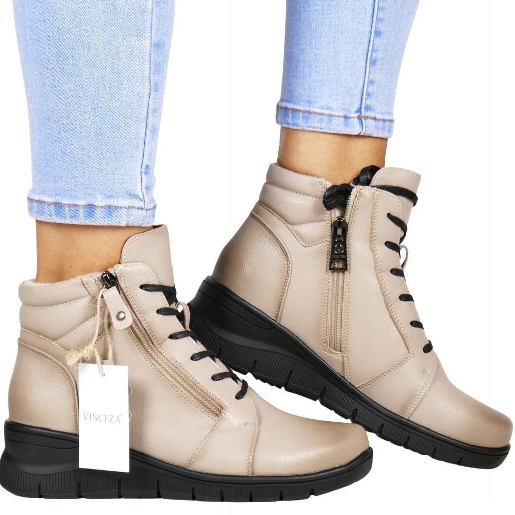 Béžové Kotníkové Boty Zimní Podzimní Kožené Šněrovací Boty A Módní Zip Nové